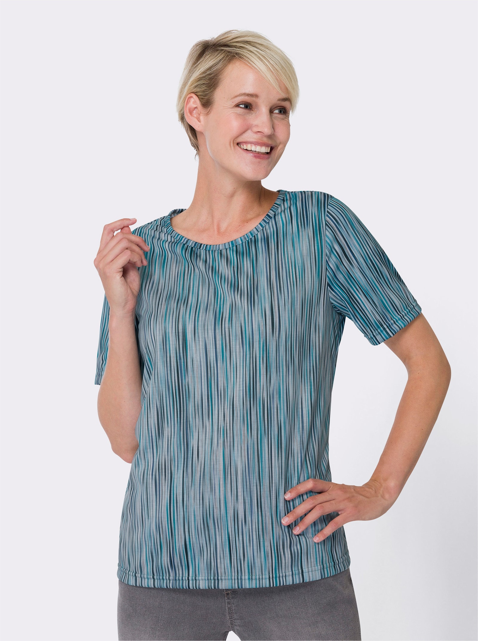 Shirt met korte mouwen van polyester, onderhoudsarm - aquapetrol/steengrijs gestreept