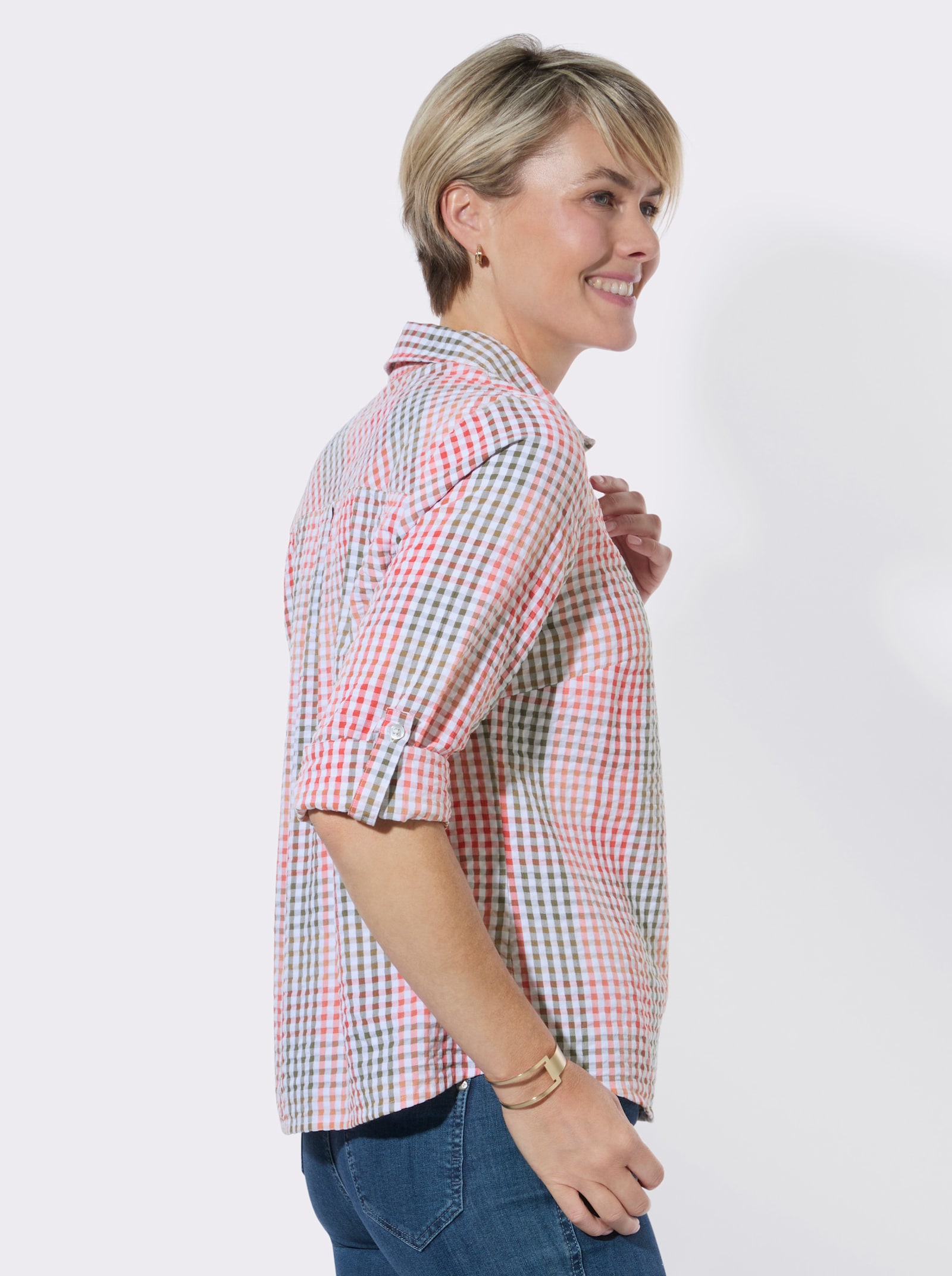 Karobluse aus pflegeleichtem Seersucker - flamingo-khaki-kariert