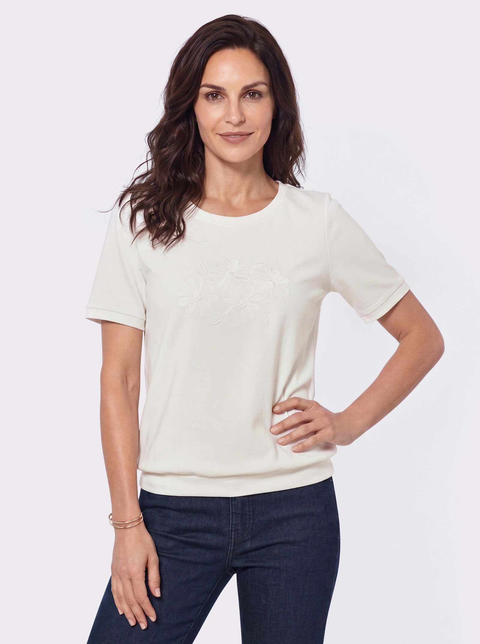 Sweatshirt mit Blütenstickerei-Motiv - ecru