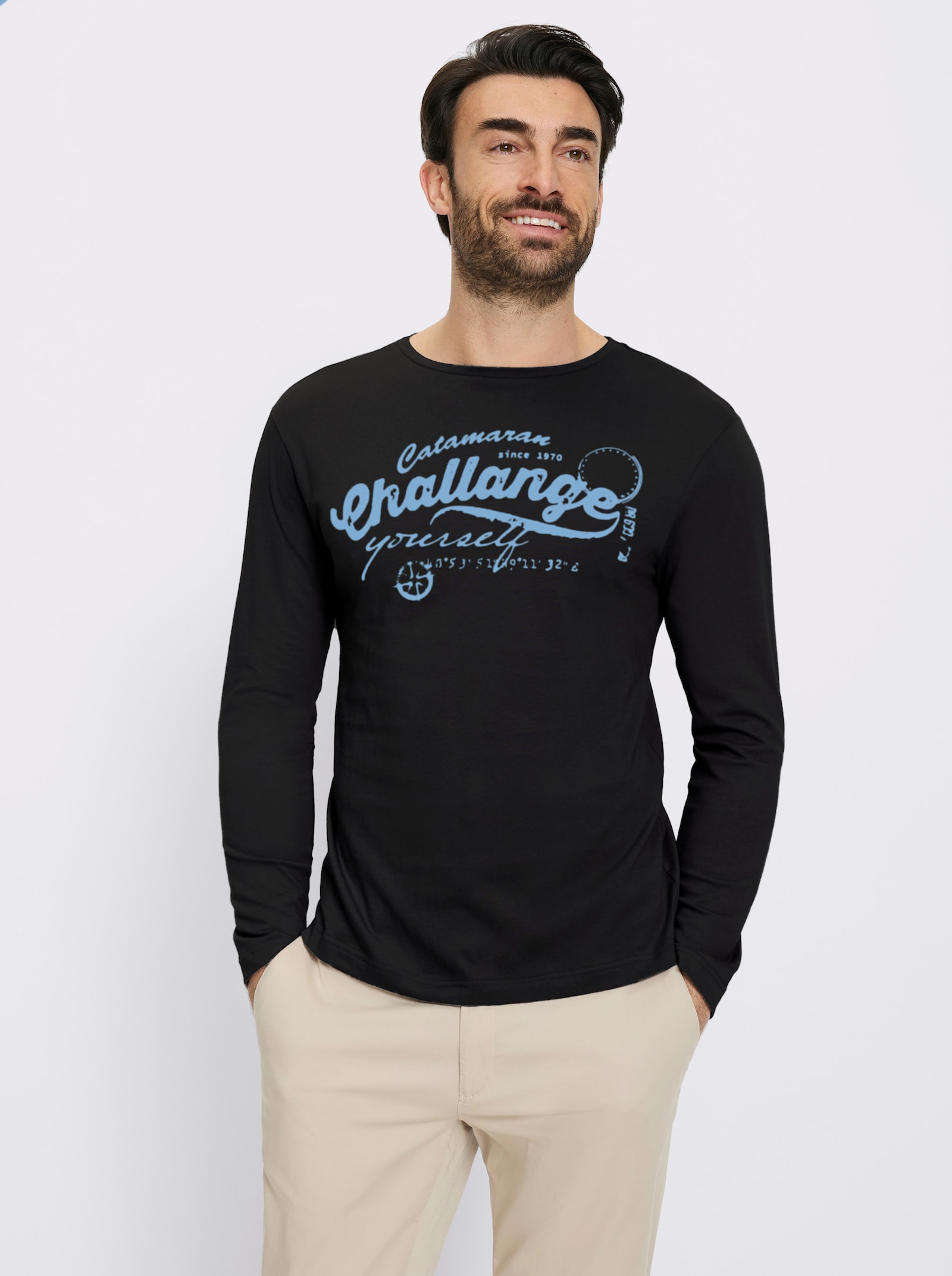 Catamaran Langarmshirt mit Front-Print - schwarz-bleu-bedruckt