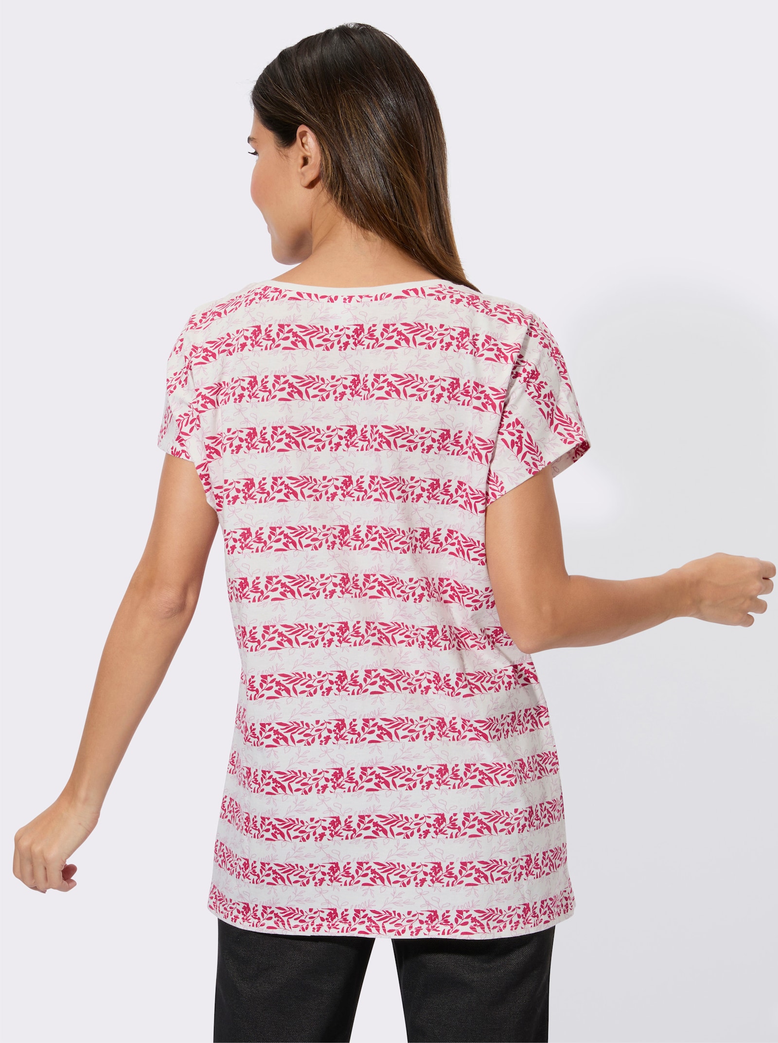 Kurzarmshirt mit floralem Streifendruck - ecru-pink-bedruckt