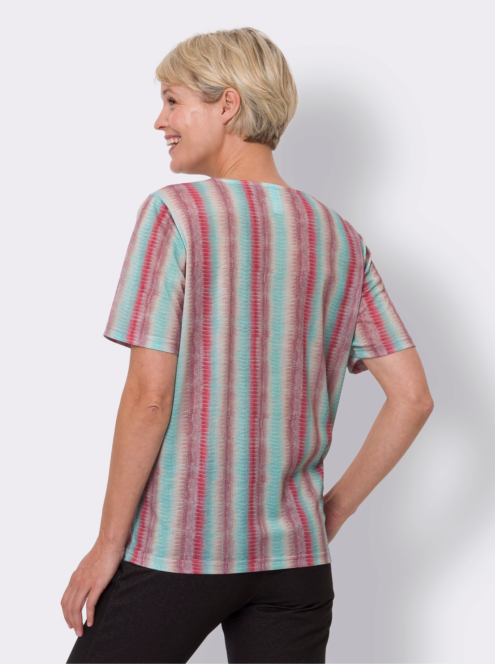 Tričko s krátkymi rukávmi a pozdĺžnymi pruhmi - Plamen.-modrozel. potlač