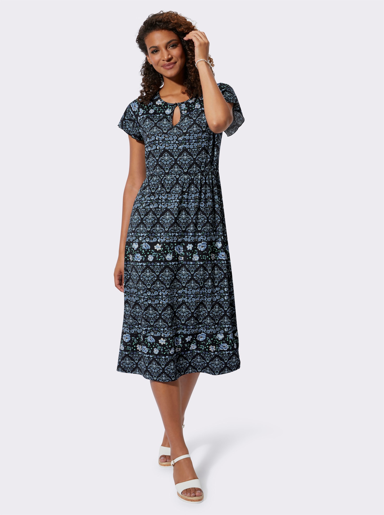 Jerseykleid mit Gummizug auf Taillenhöhe - jeansblau-schwarz-bedruckt