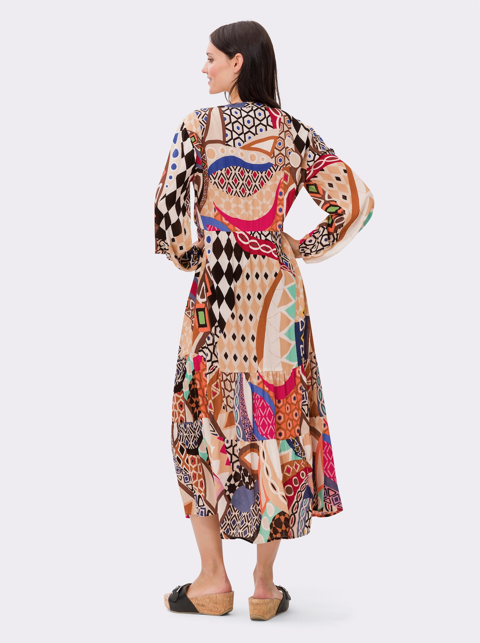 heine Druckkleid mit Ballonärmeln, leicht transparent - champagner-royalblau-bedruckt