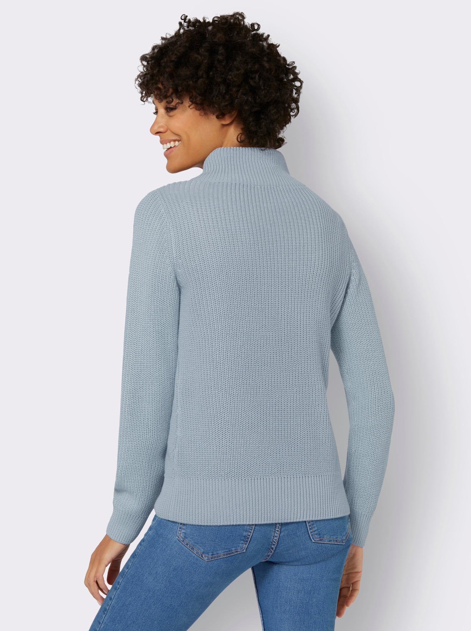 Strickpullover mit überlappendem Stehkragen - hellblau