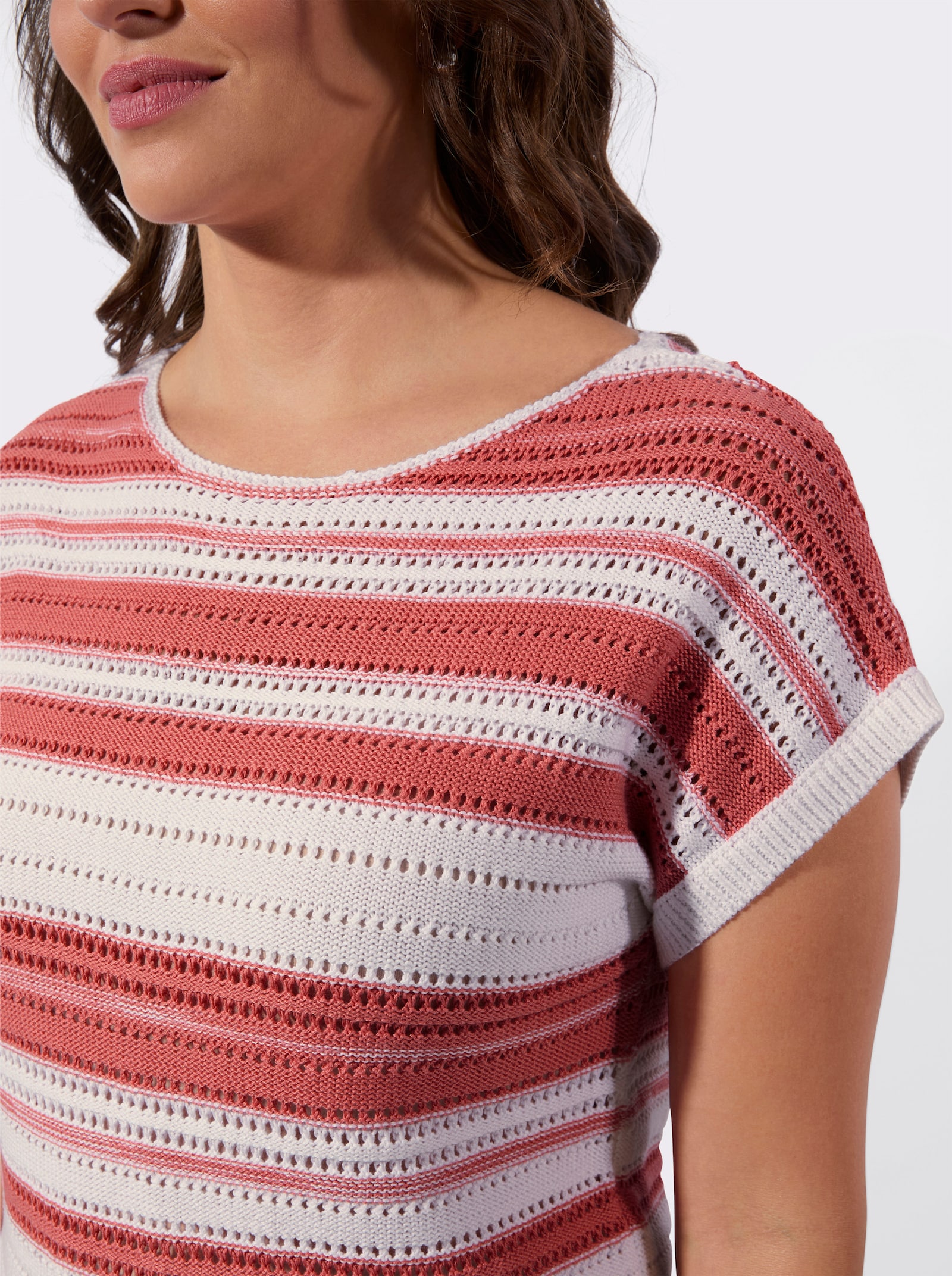 Ajourpullover mit meliertem Ringel-Muster - flamingo