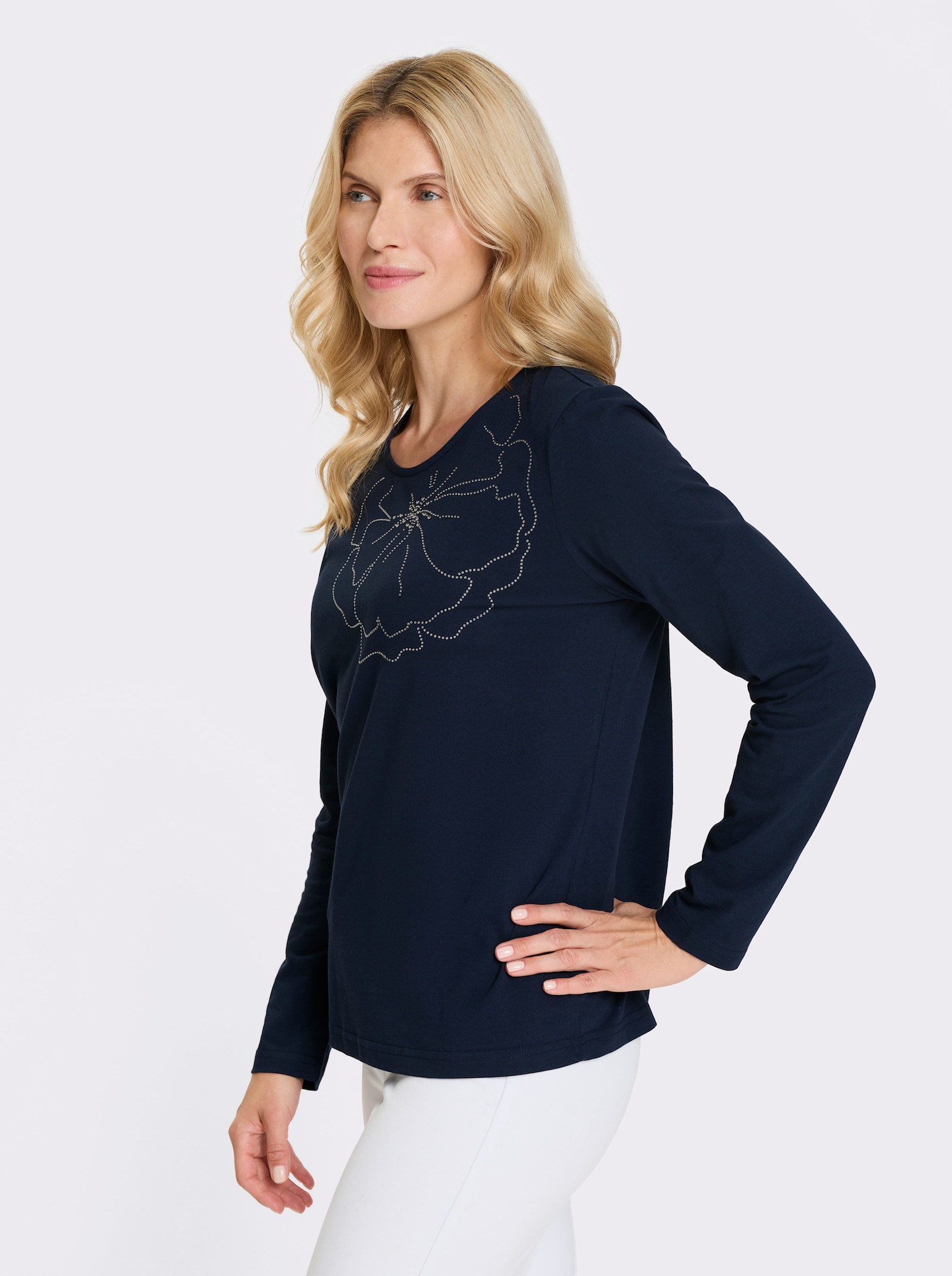 Tričko s dlhými rukávmi a ozdobnými kamienkami - námornícka modrá