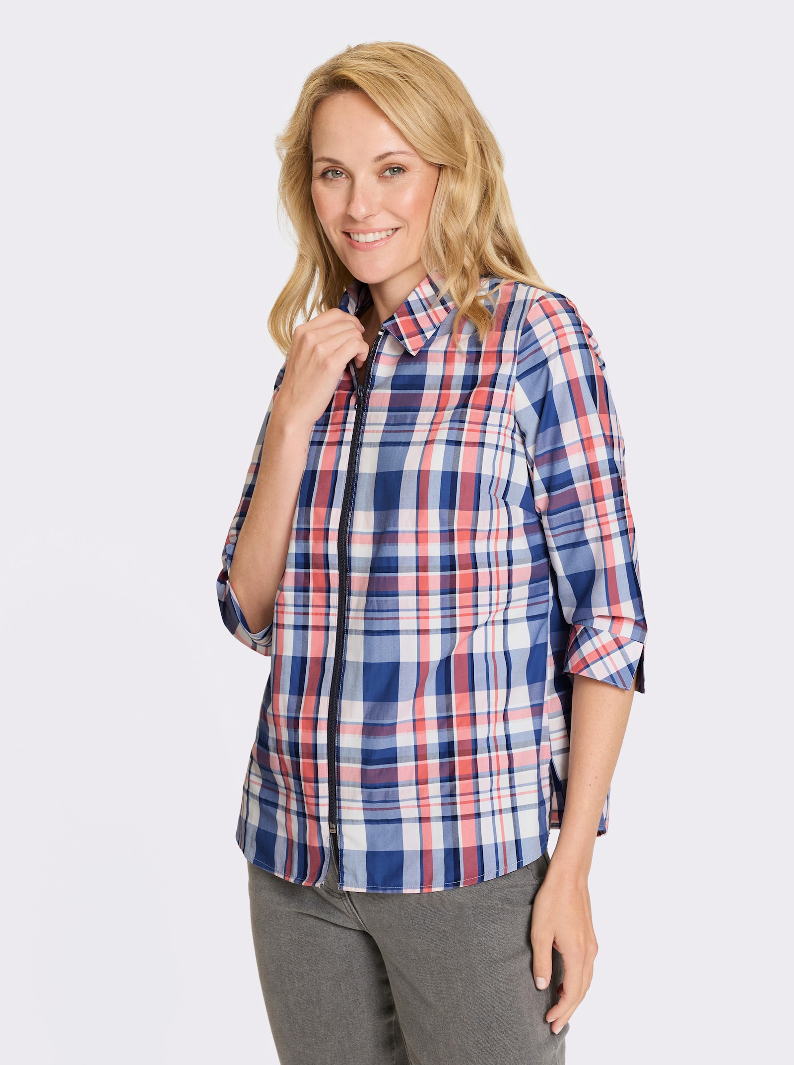 Károvaná blúzka, zap.na zips - džíns. modrá-koral. káro