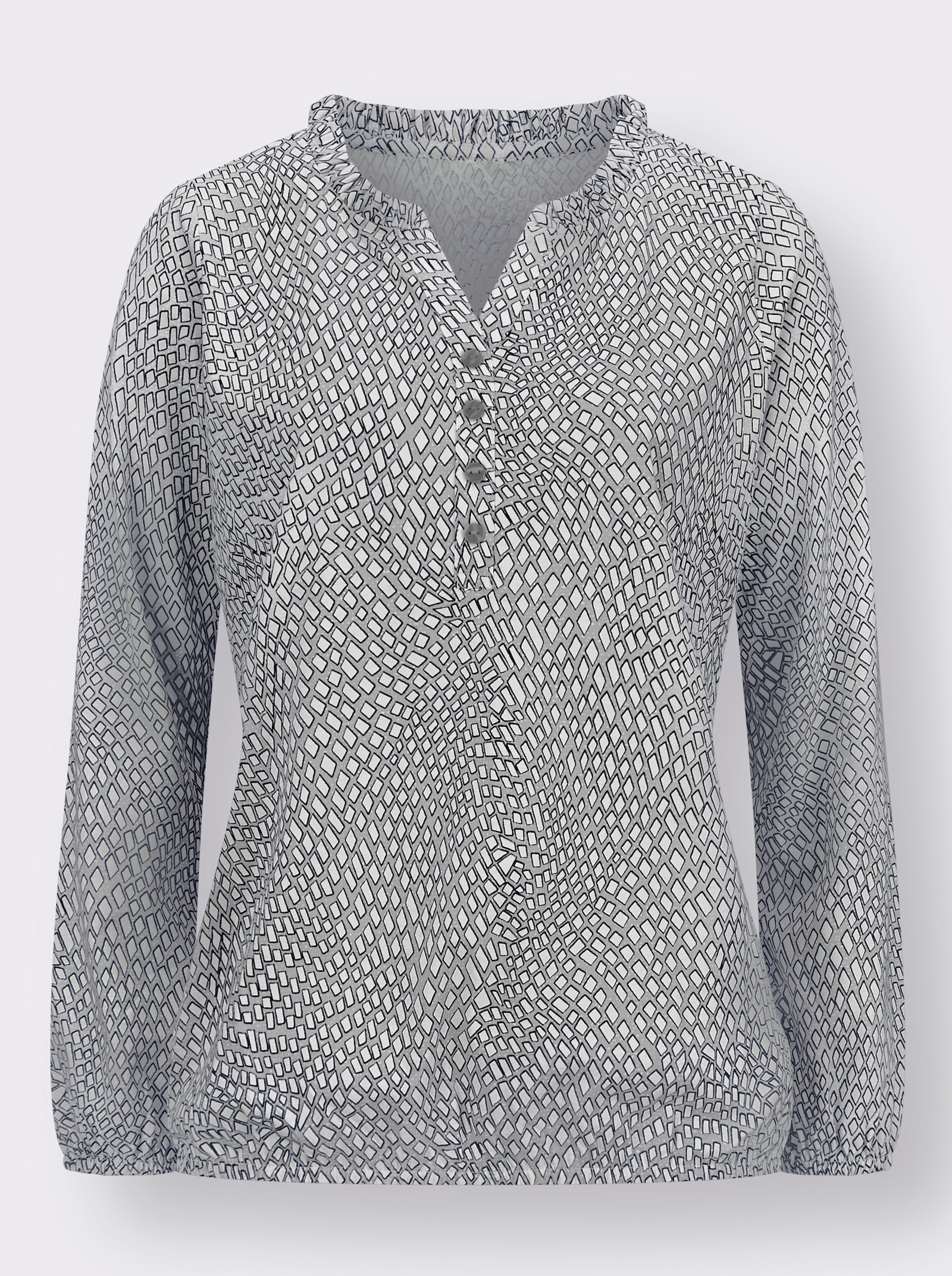 Langarmshirt mit Rüschenverzierung - steingrau-ecru-bedruckt