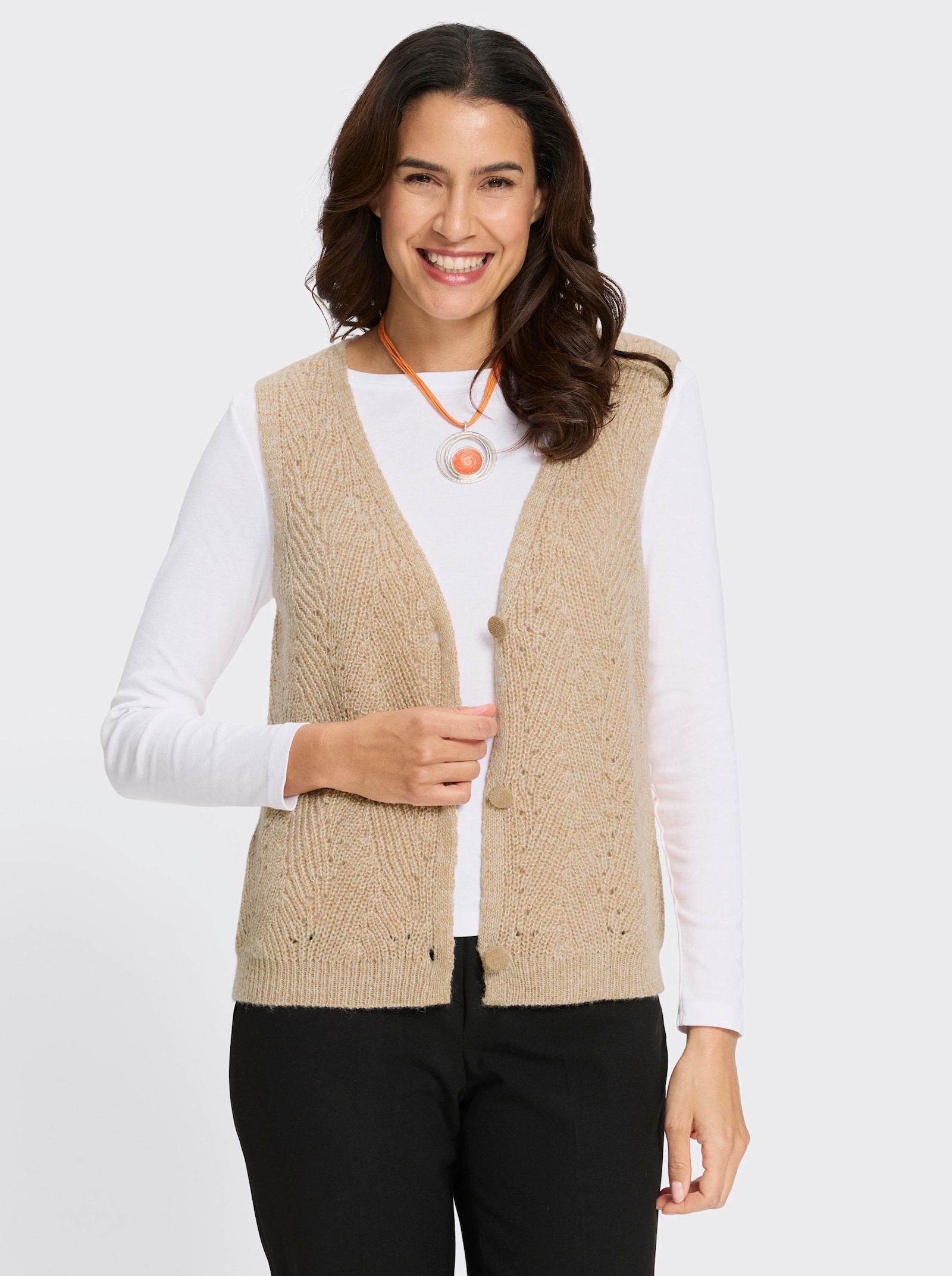 Strickweste mit Ajourmuster - camel-meliert