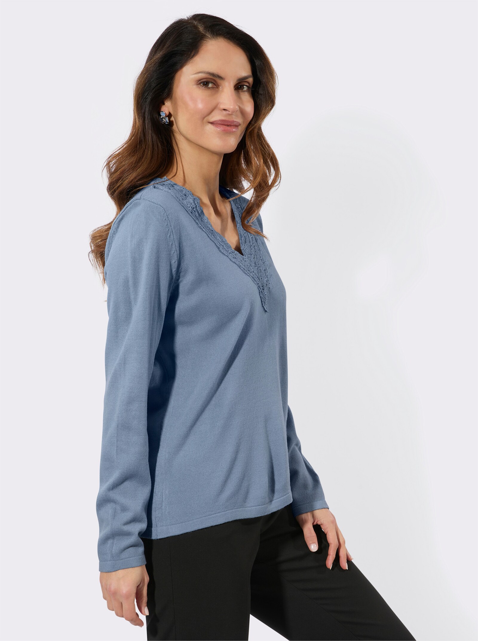 Feinstrickpullover mit Spitzenbesatz - bleu
