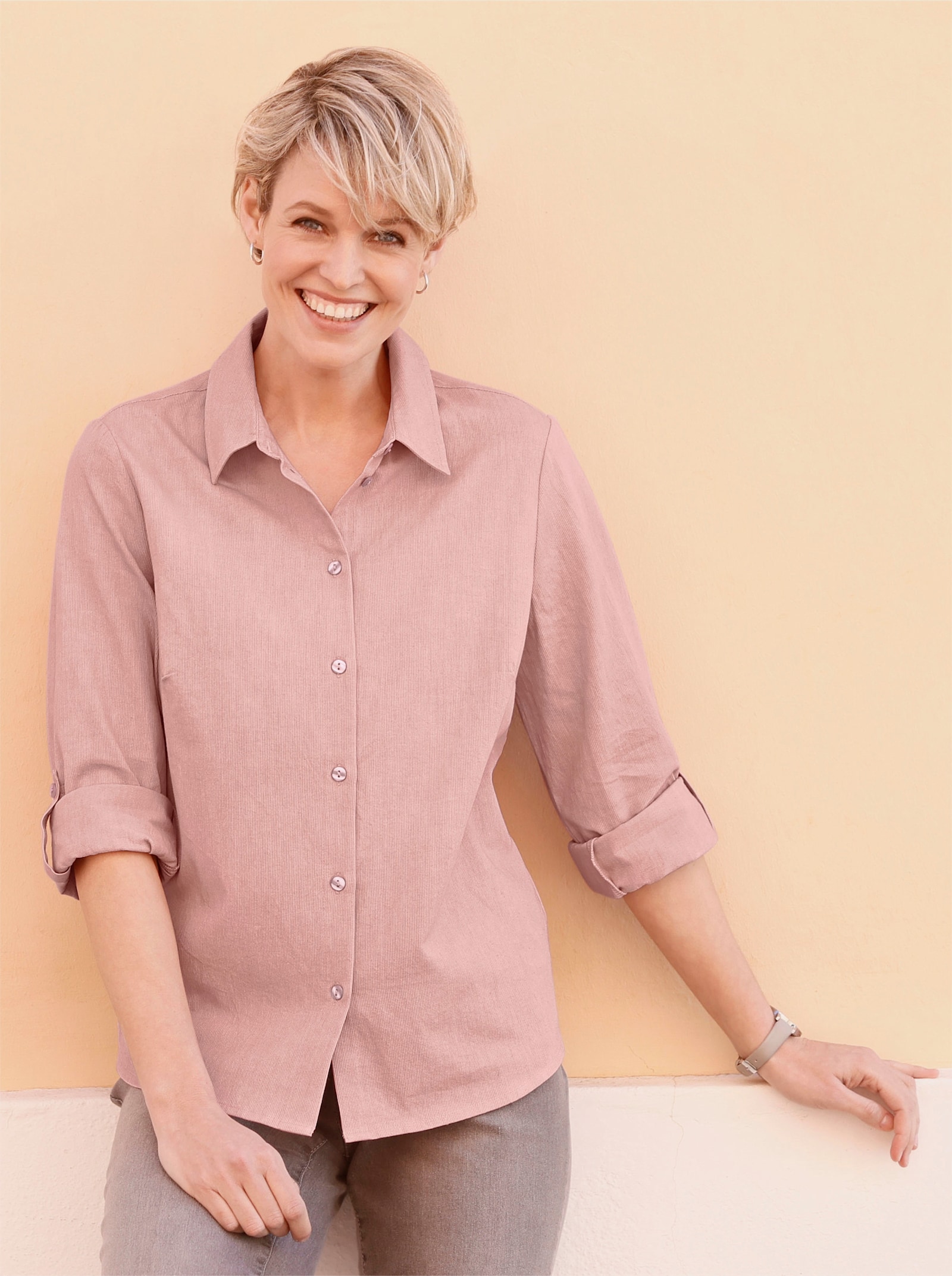 Langarm-Bluse in Feincord-Qualität - hortensie