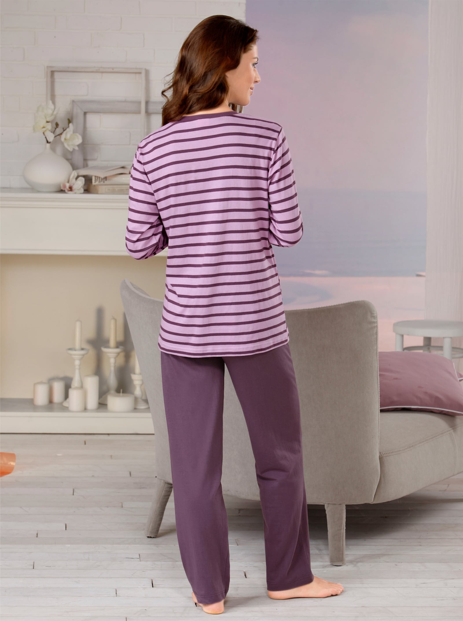 wäschepur Schlafanzüge im Doppelpack - rosé-geringelt + lila-geringelt