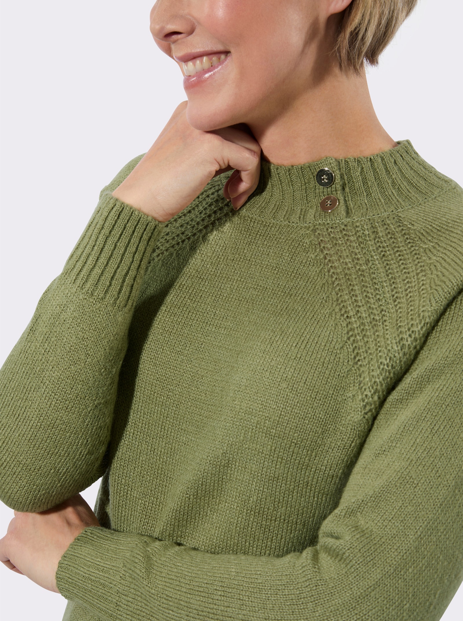 Stehkragenpullover mit Schmuckknöpfen - schilf