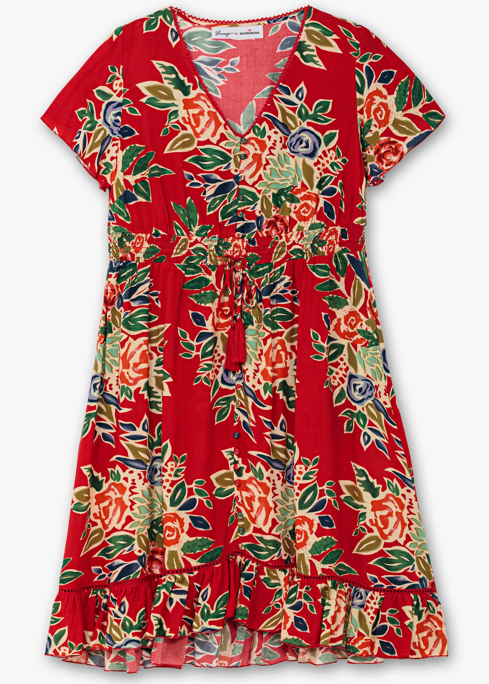 sheego by Joe Browns Blumenkleid mit V-Ausschnitt und Knopfleiste - rot-gemustert