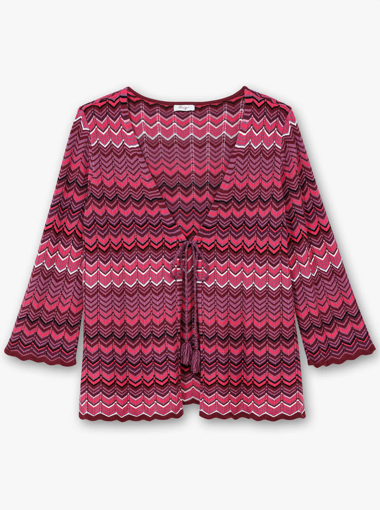 sheego Strickjacke mit Trompetenärmeln, im Zickzackmuster - weinrot-gemustert