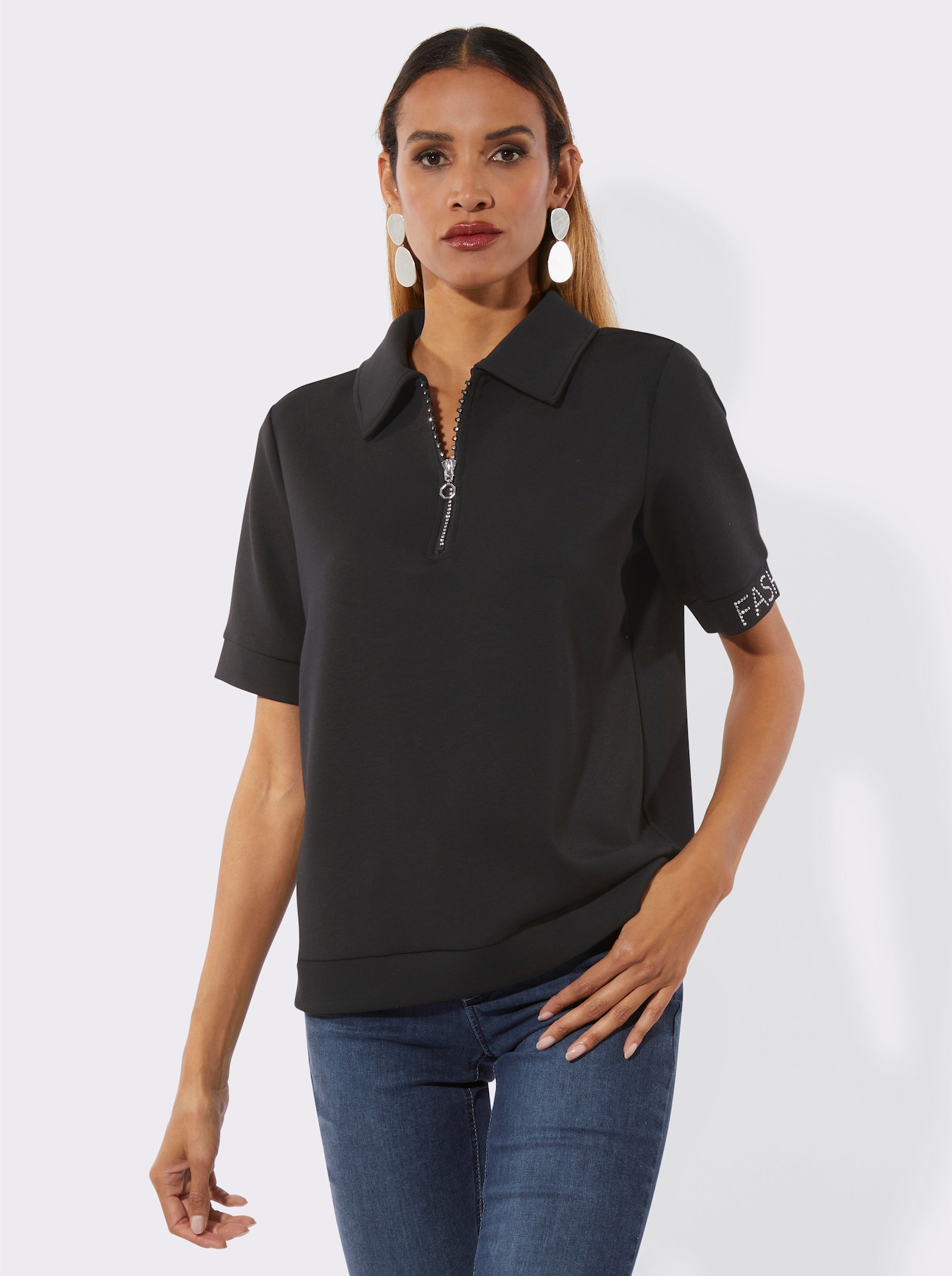 Poloshirt mit Glitzersteinchen - schwarz