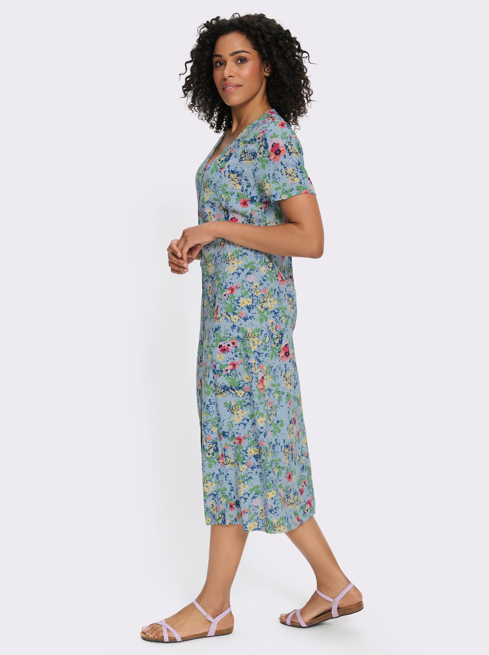 Blumenkleid aus reiner Viskose - eisblau-zitrone-bedruckt