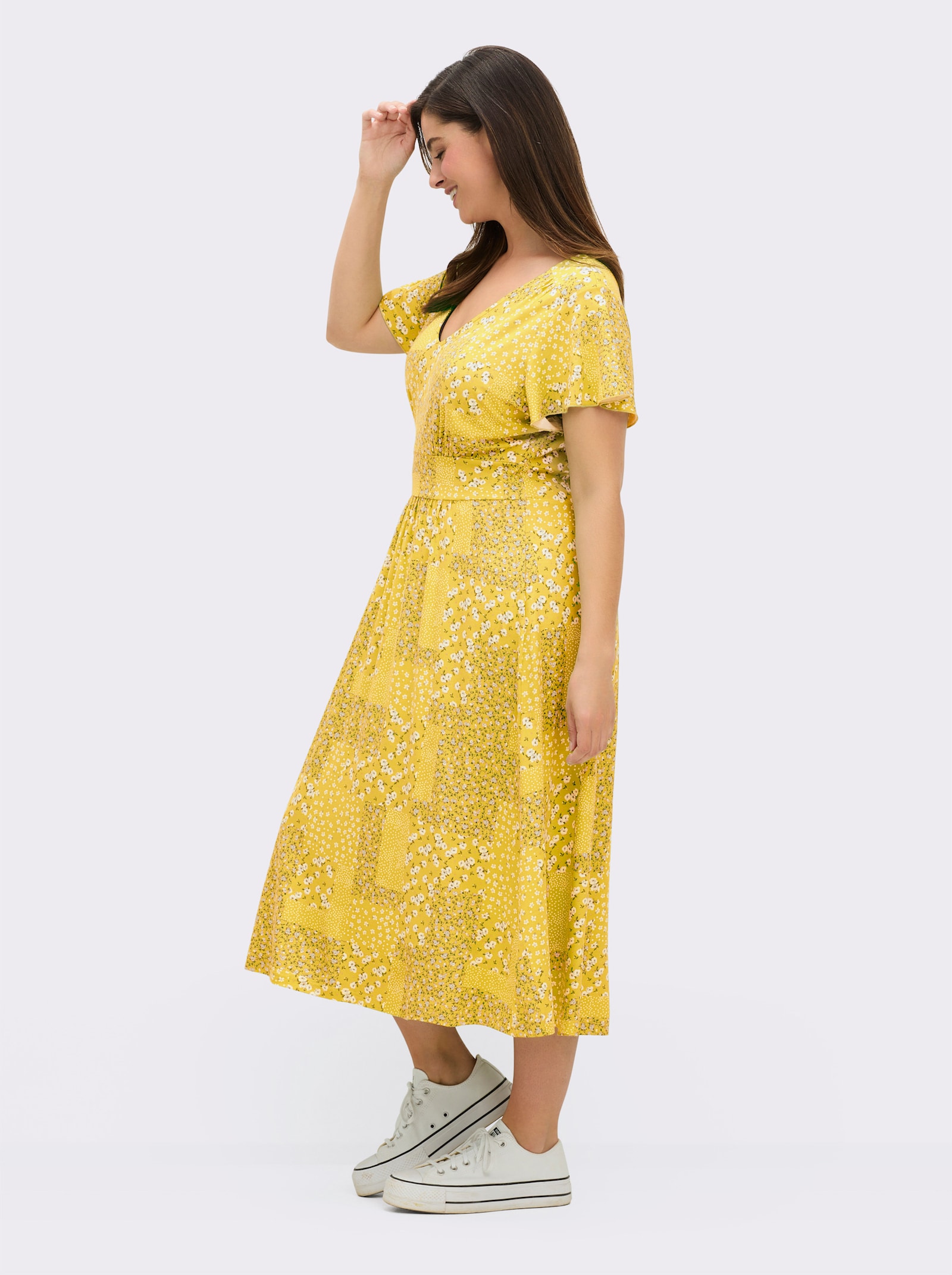 Jerseykleid mit Flügel-Ärmeln - sonnengelb-champagner-bedruckt