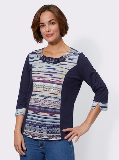 Kurzarmshirt mit Glitzersteinchen - marine-rosé-bedruckt