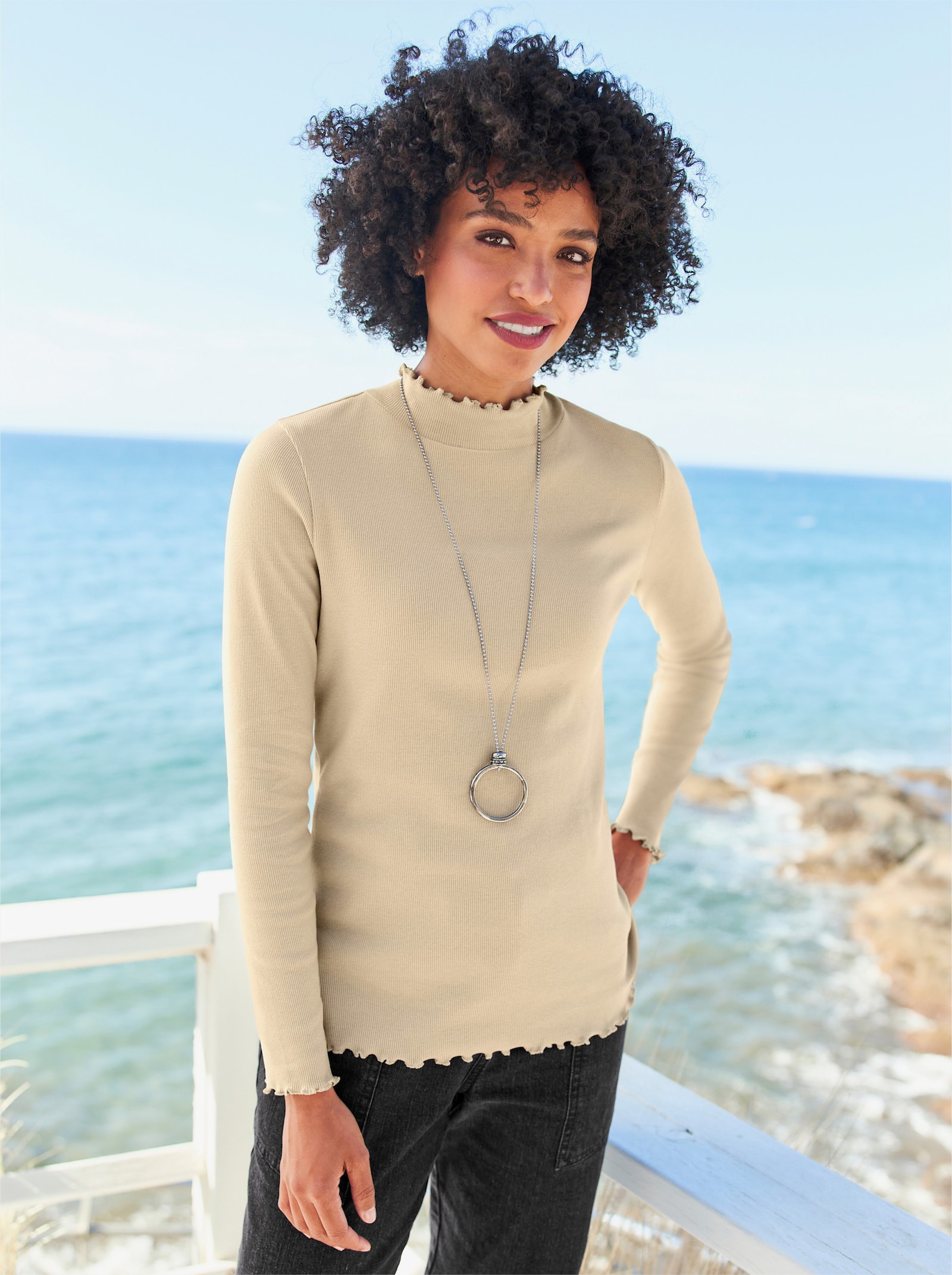 heine Langarmshirt mit Wellenkanten - beige