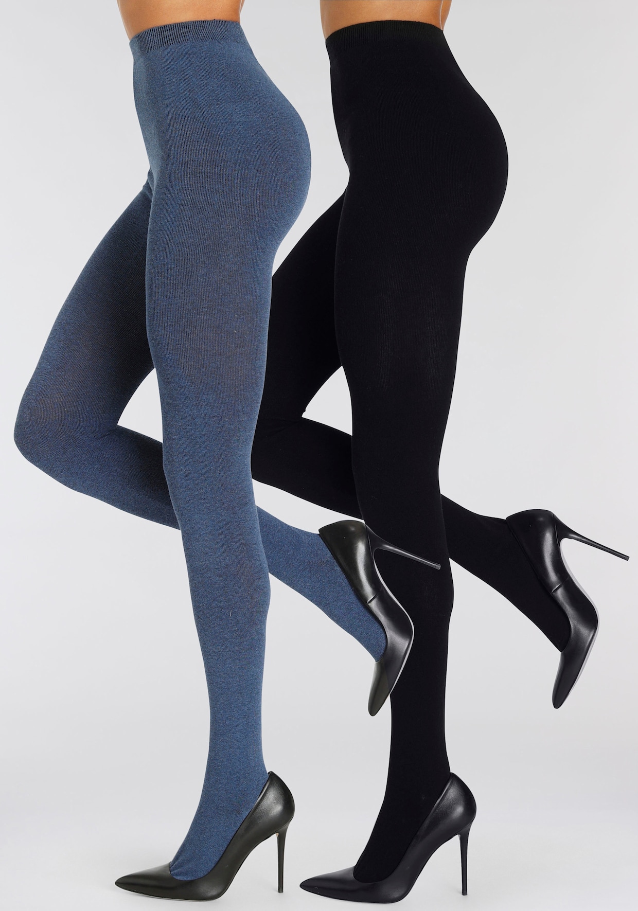 LASCANA Strickstrumpfhose - 1x jeans meliert, 1x schwarz