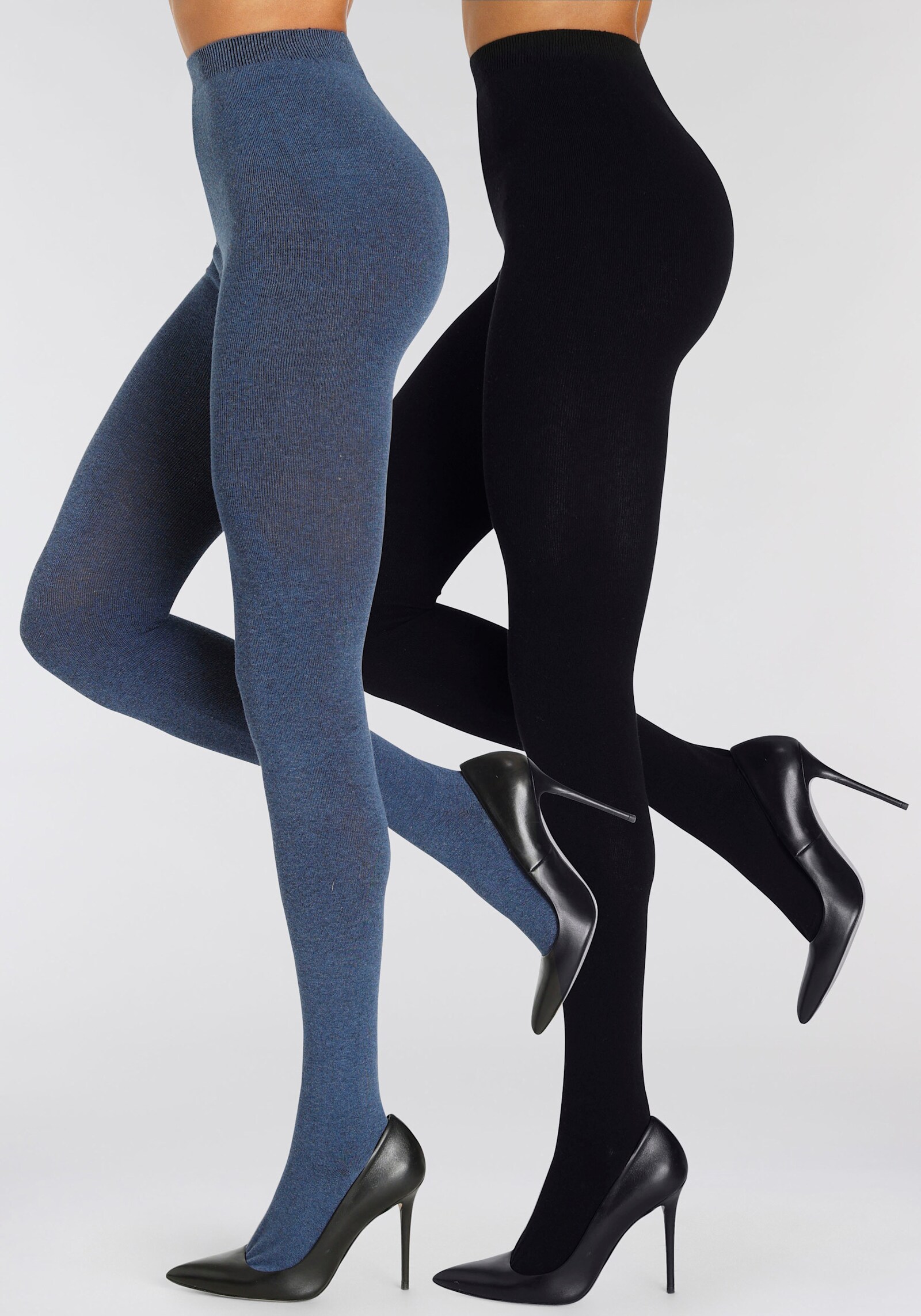 LASCANA Strickstrumpfhose - 1x jeans meliert, 1x schwarz