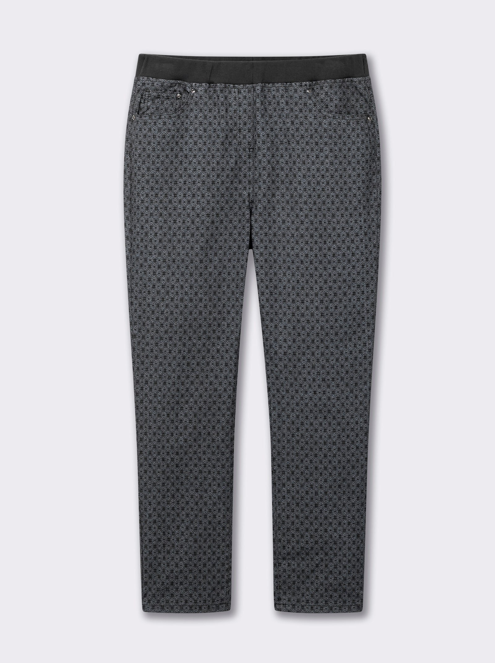Schlupfjeans mit geripptem Strick-Dehnbund - grey-denim-bedruckt