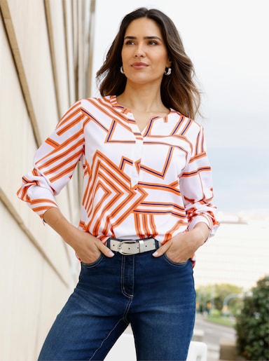 Schlupf-Bluse mit grafischem Druck - weiß-orange-bedruckt