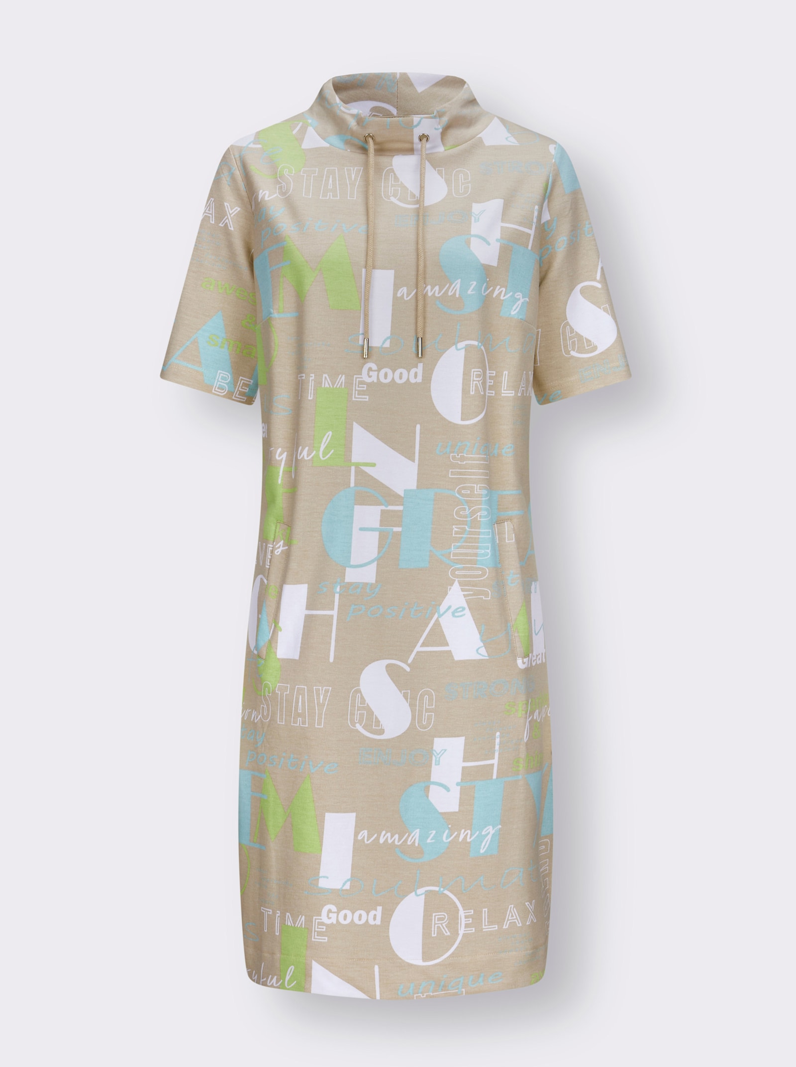 Druckkleid mit weitenregulierbarem Kragen - sand-mint-bedruckt