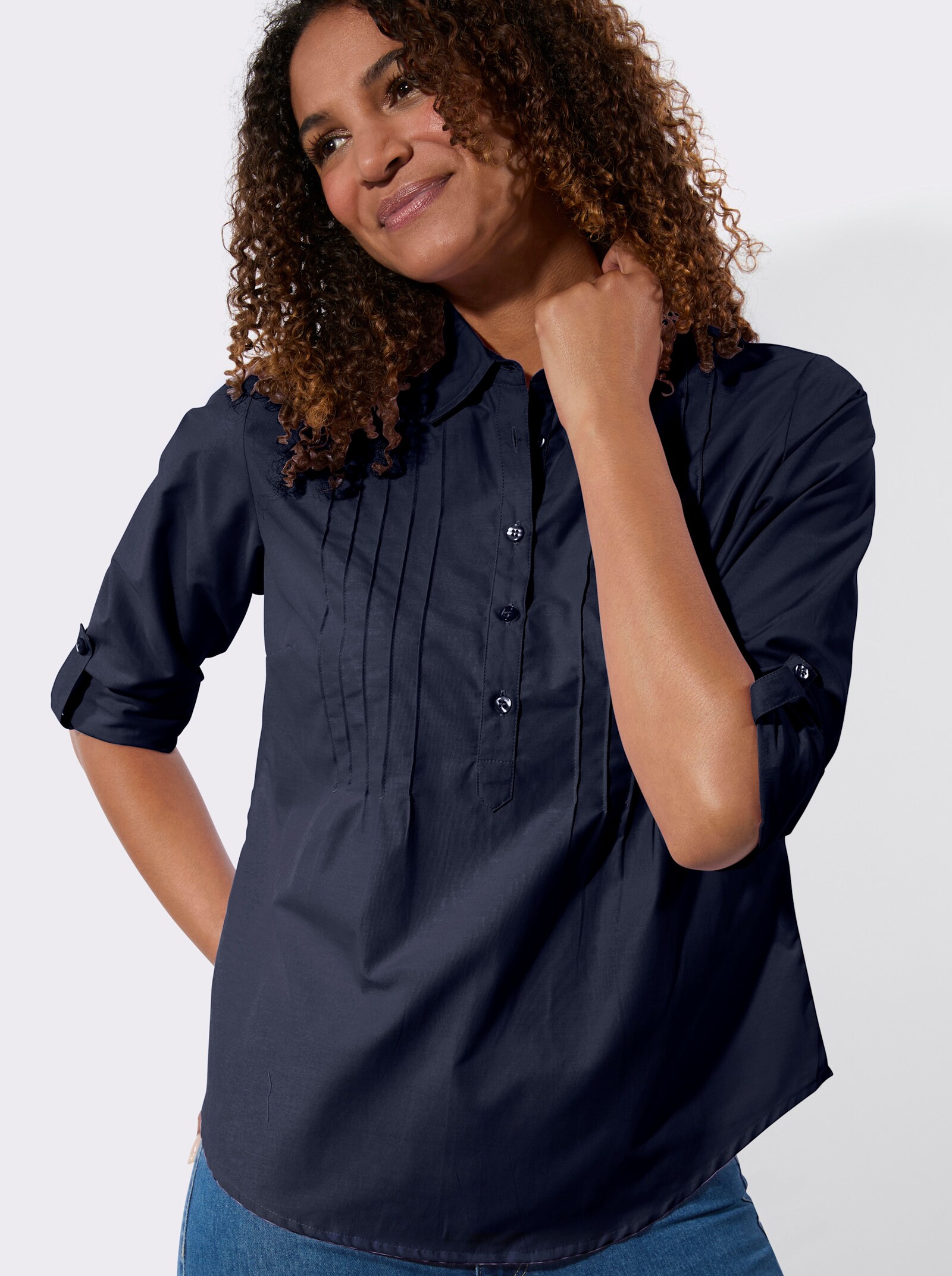 Hemdbluse mit krempelbaren Ärmeln - marine