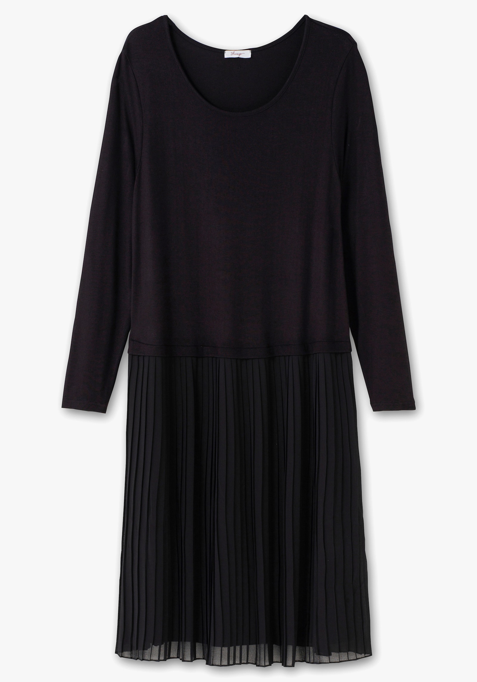 sheego Strickkleid mit plissiertem Chiffonrock - schwarz