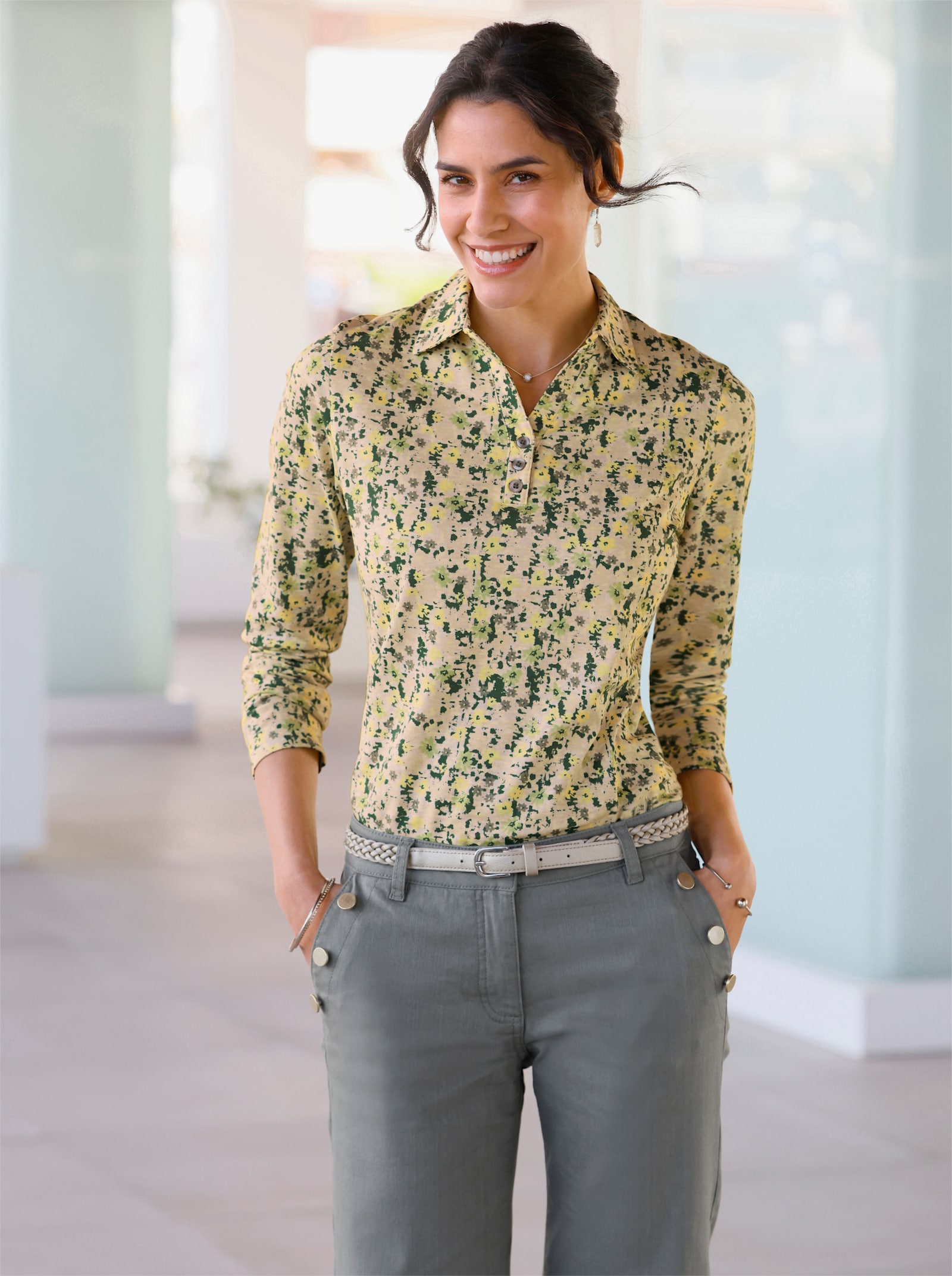 Langarm-Poloshirt mit Knopfleiste - elfenbein-zitrone-bedruckt