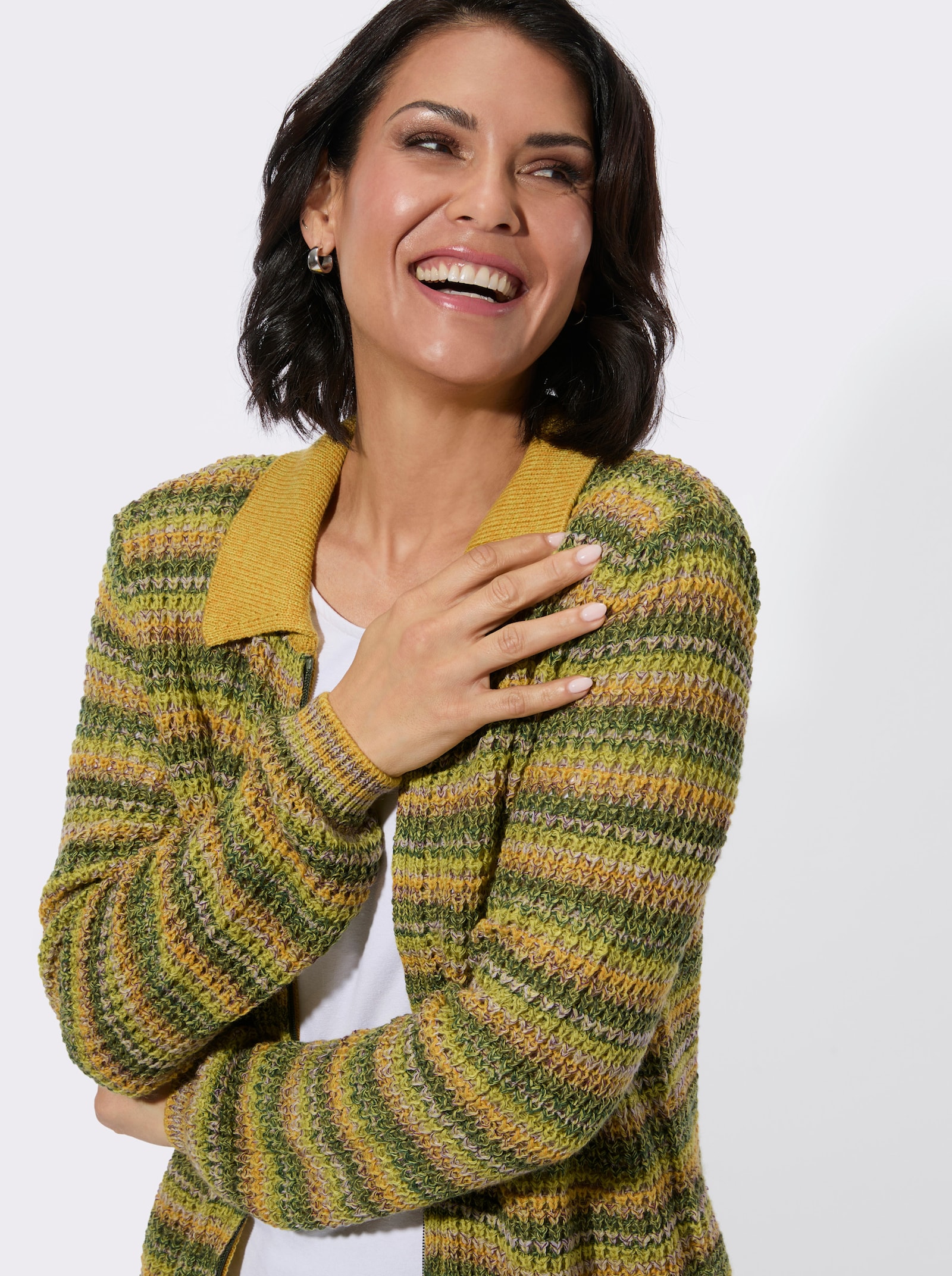 Strickjacke mit Polokragen - oliv-ocker-gemustert