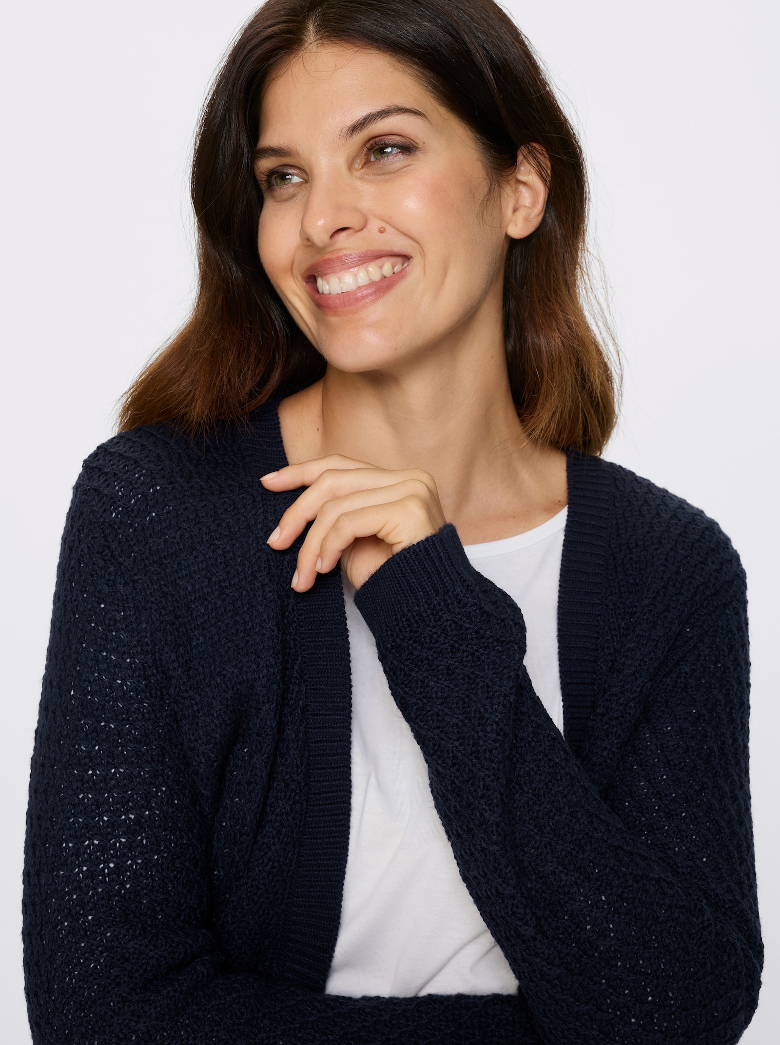 Dlouhý pletený kabátek otevřeného střihu - námořnická modrá