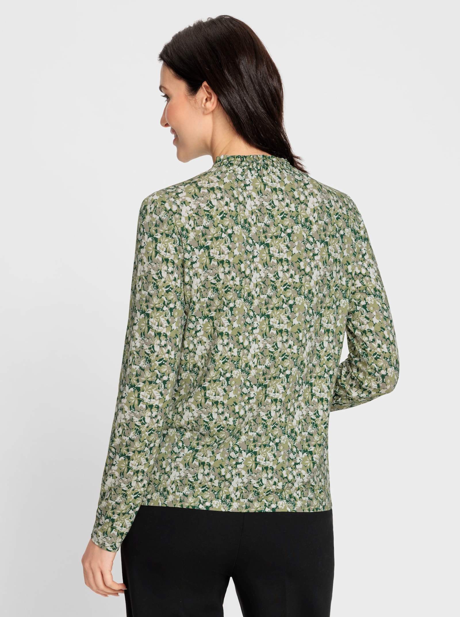 Stehkragenshirt mit gesmoktem Kragen - ecru-schilf-bedruckt