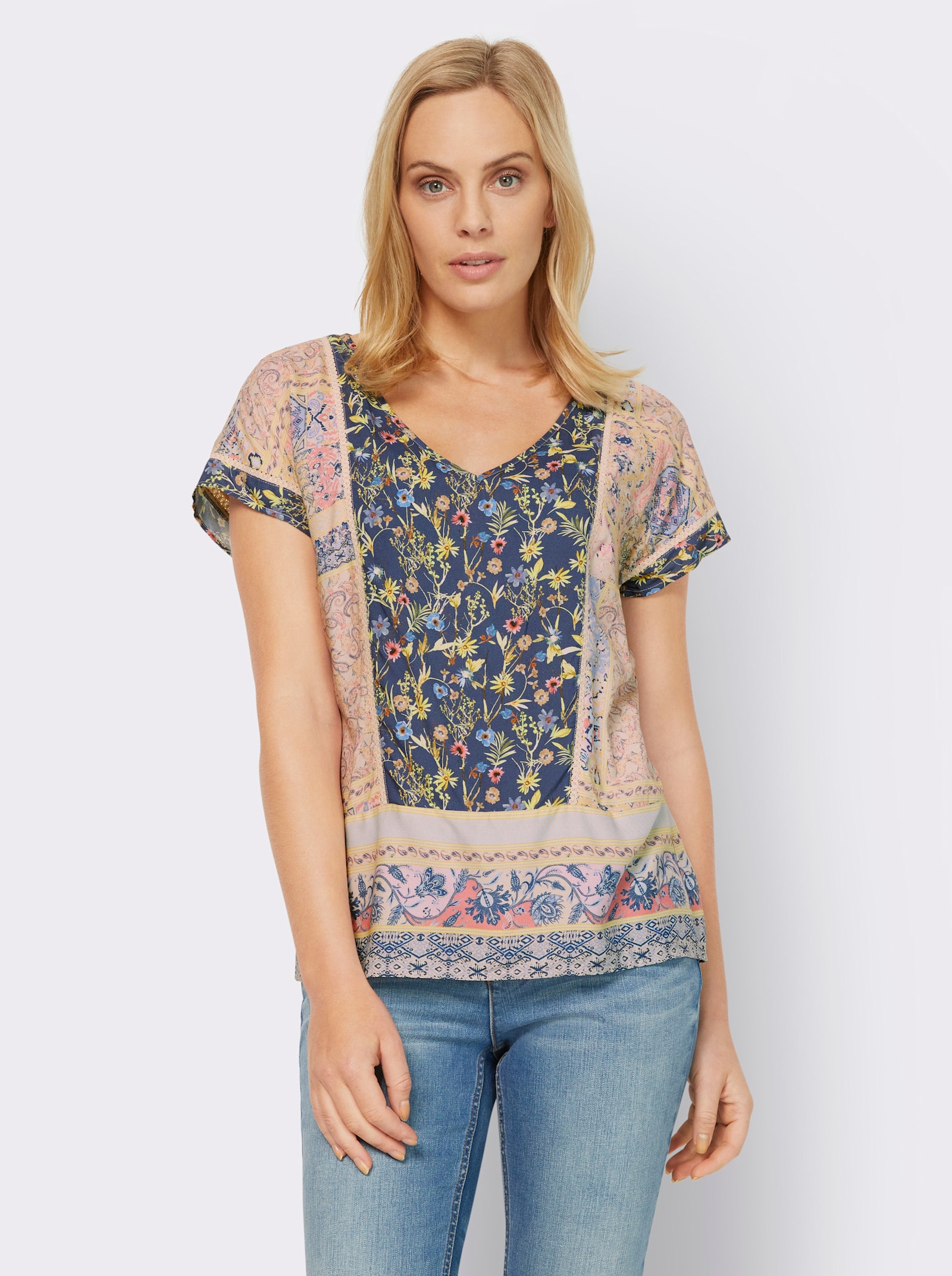 heine Druckbluse mit Spitzeneinsätzen - jeansblau-hellrosé-bedruckt