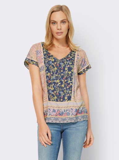 heine Druckbluse mit Spitzeneinsätzen - jeansblau-hellrosé-bedruckt