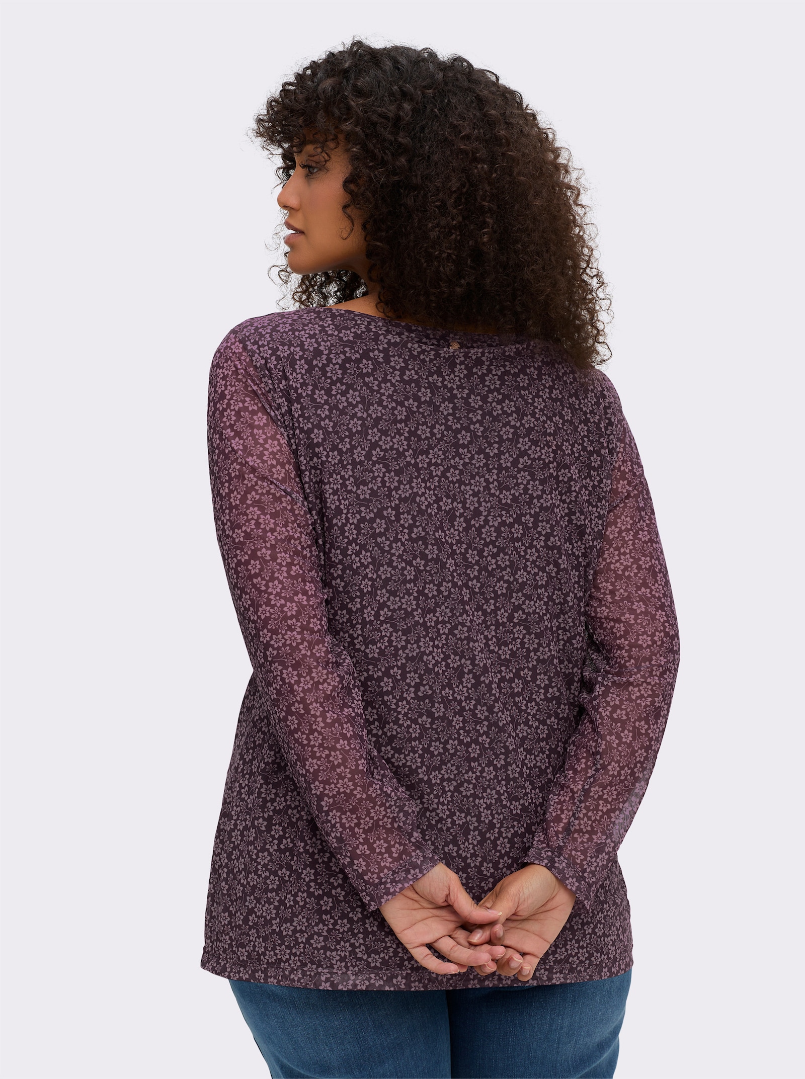 sheego Shirt met lange mouwen van mesh, met bloemetjesprint - aubergine/mauve bedrukt