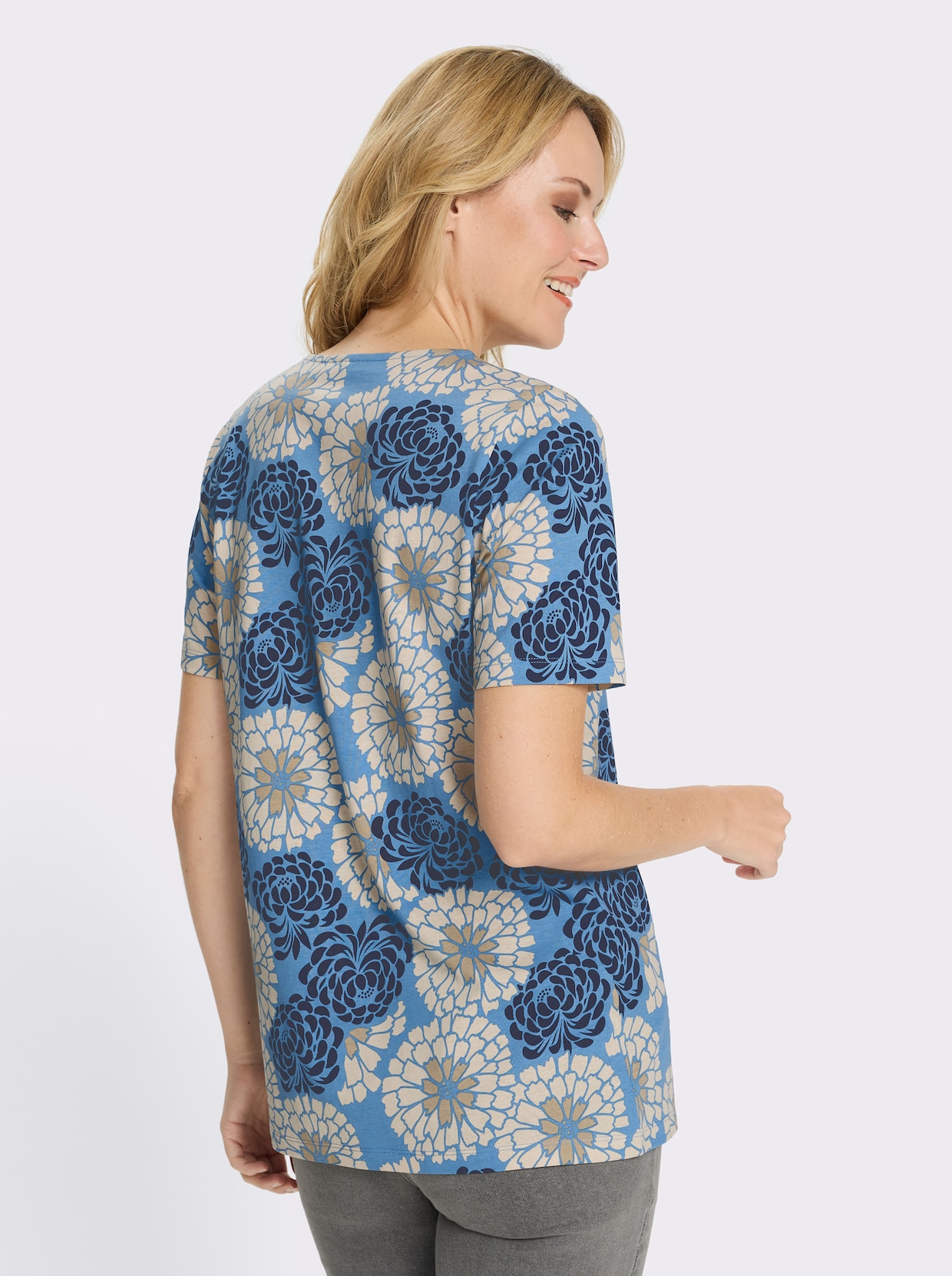 Longshirt in schmeichelnder A-Linie - mittelblau-marine-bedruckt