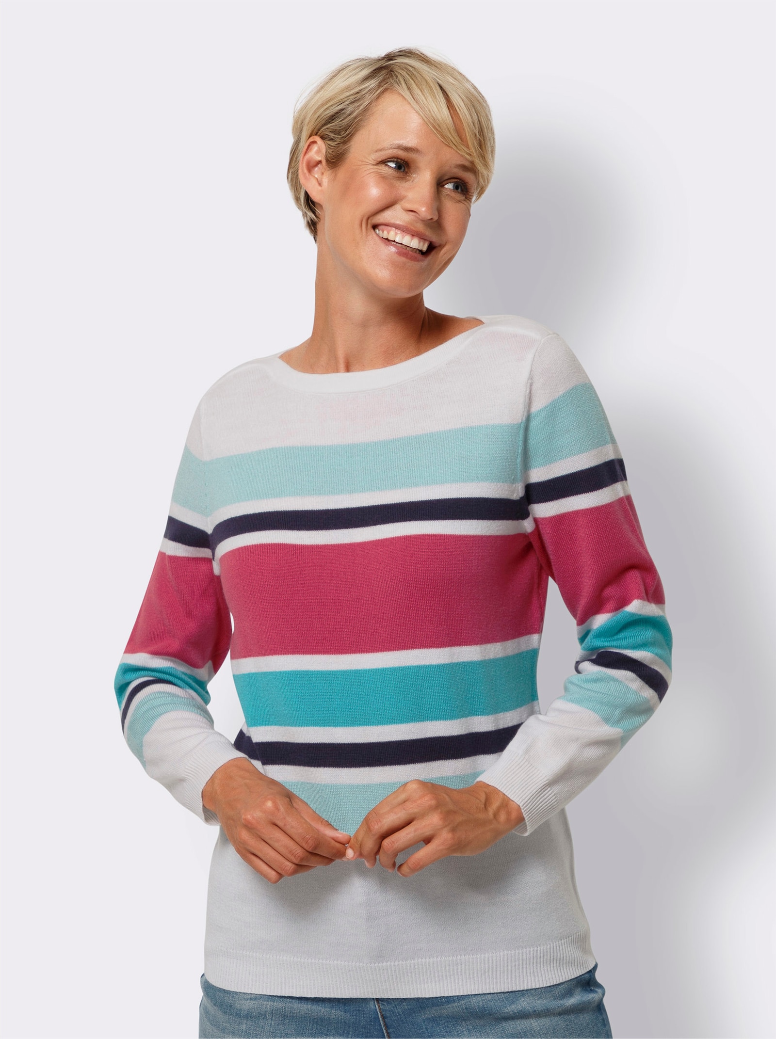 Gestreepte pullover in streepjesdessin - wit/turquoise gestreept