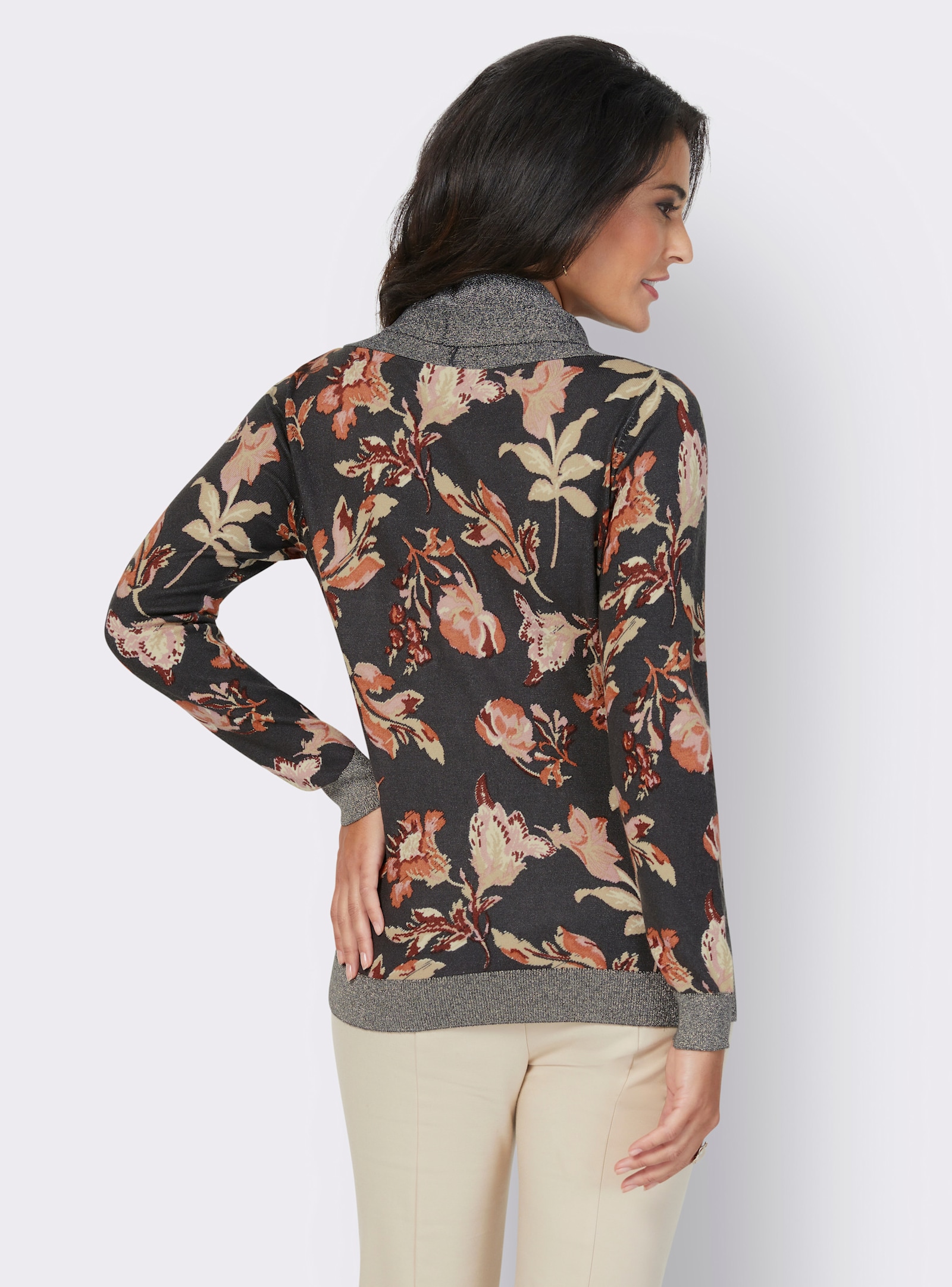 Rollkragenpullover mit goldfarbenem Garn - anthrazit-bedruckt