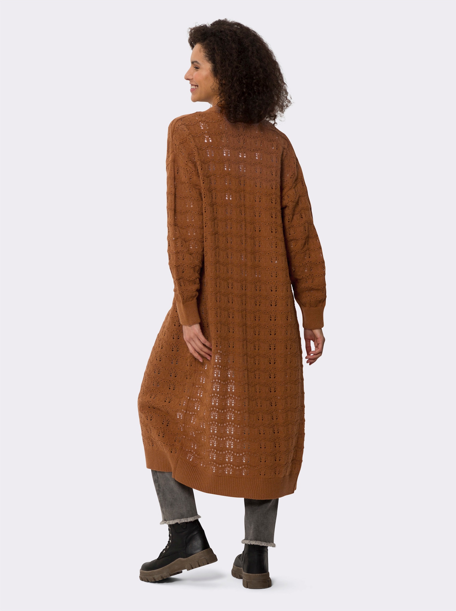 heine Strickmantel mit Ajourmuster - cognac