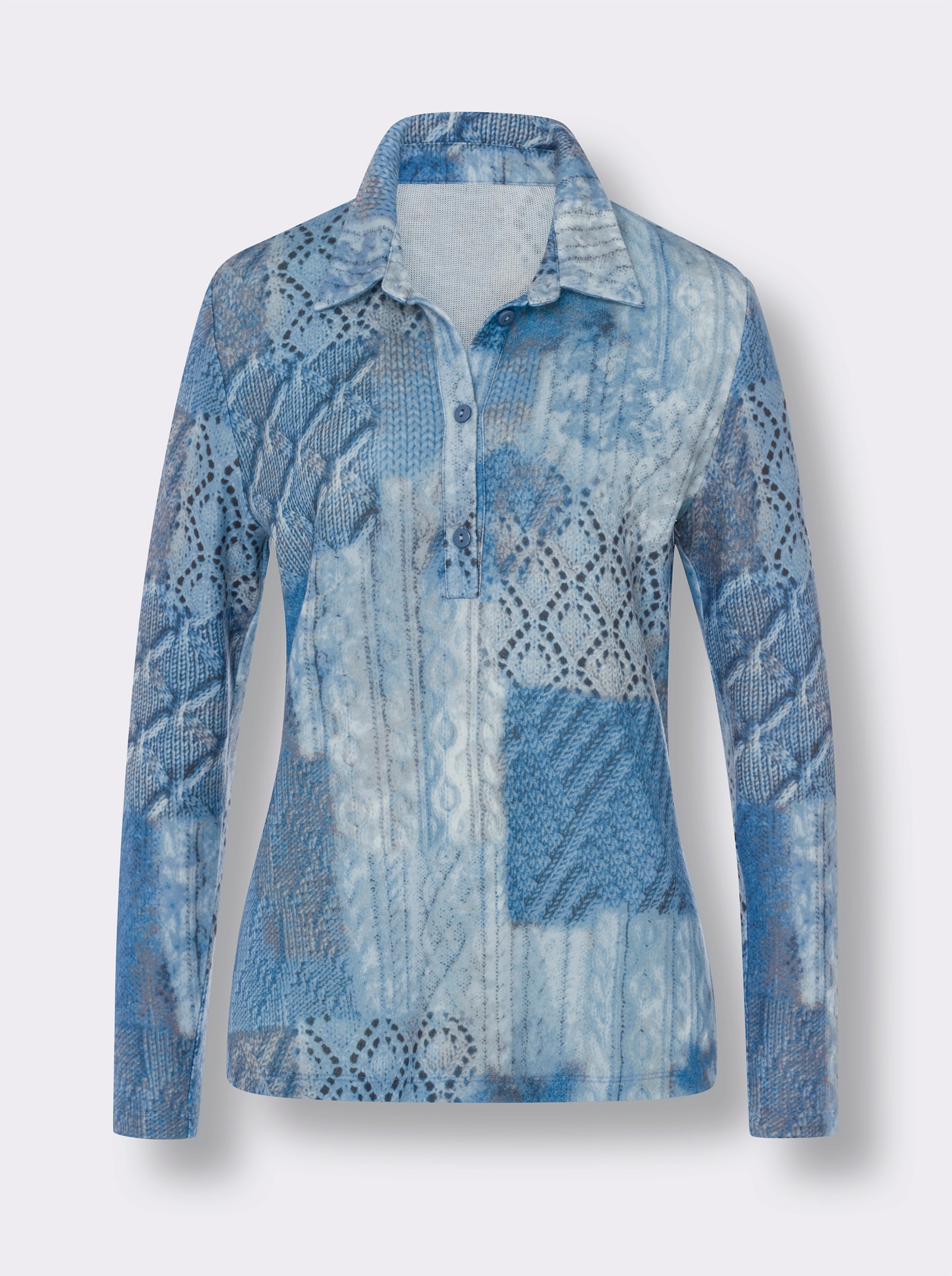 Finstickad tröja i patchworklook - ljusblå-grå, med tryck