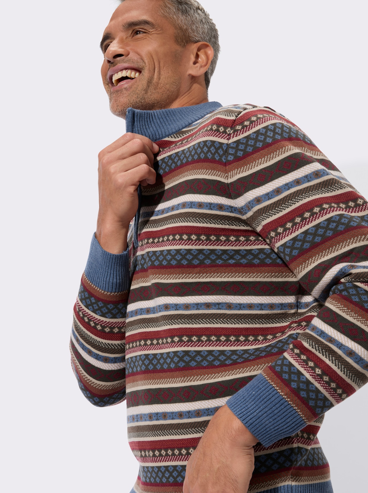 Stehkragenpullover im Norweger-Strickmuster - jeansblau-gemustert