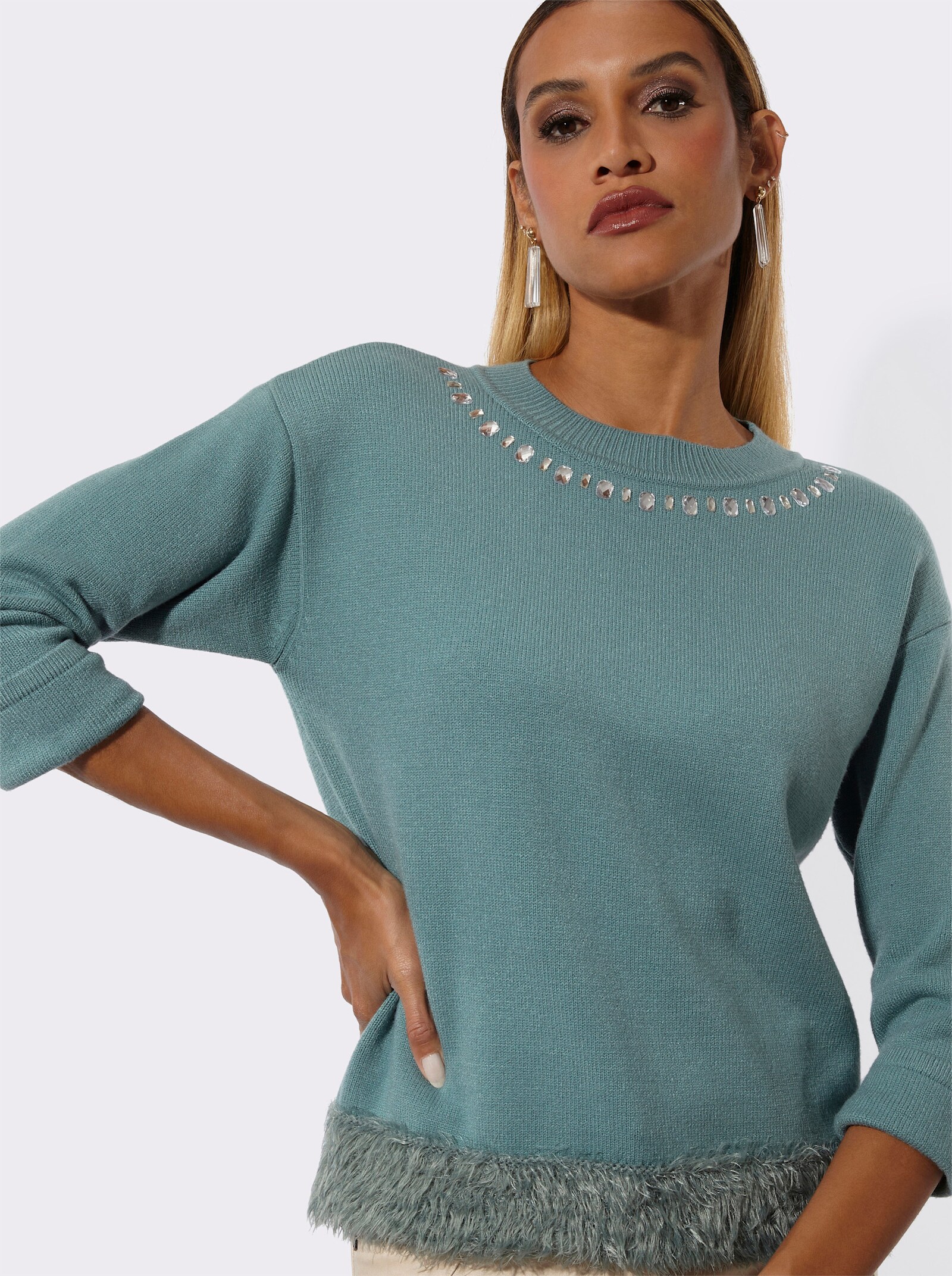 3/4 Arm-Pullover mit Saum aus Flauschgarn - jade