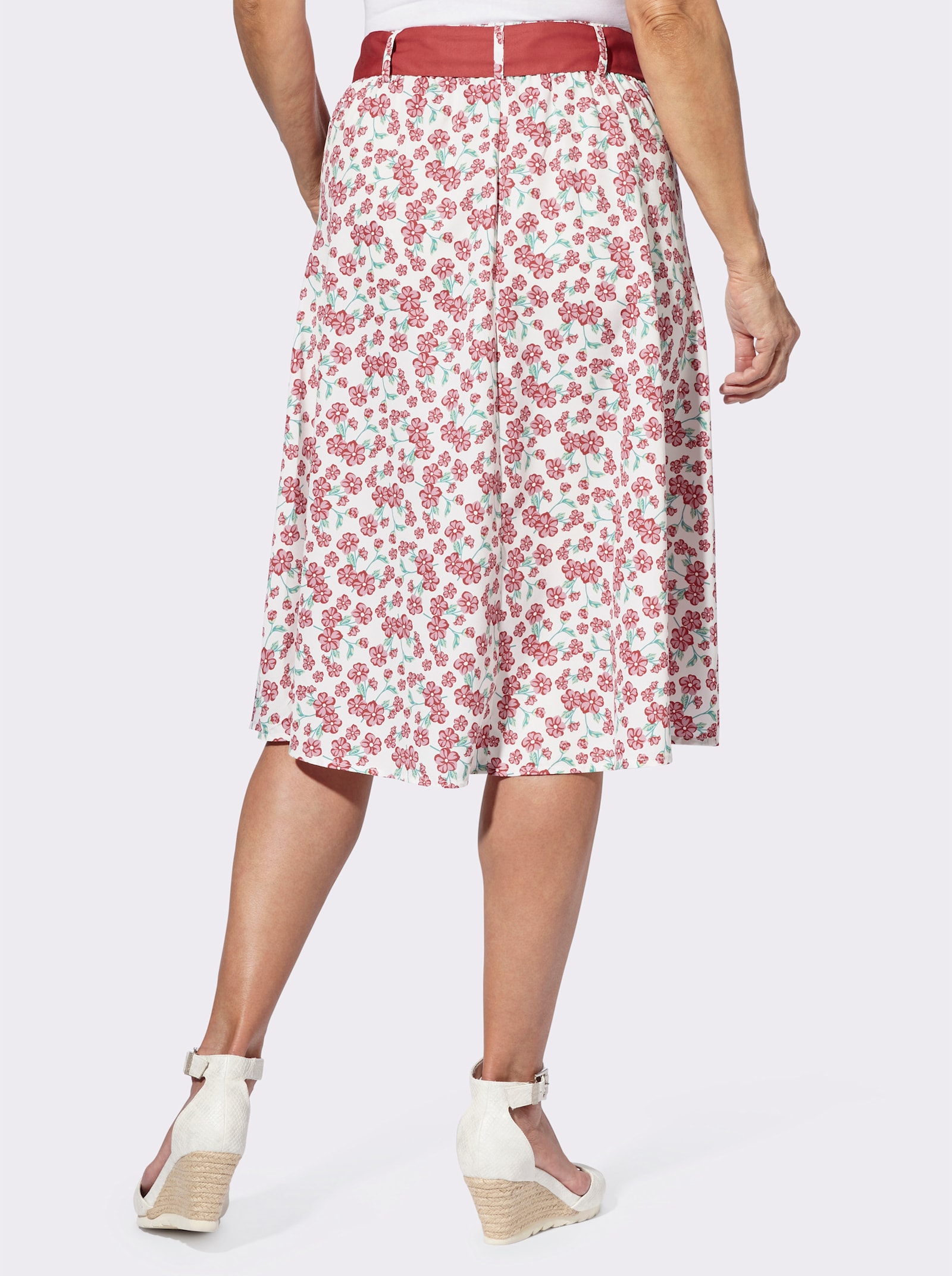 Krojová sukňa s kvetovanou potlačou - biela – červená s potlačou