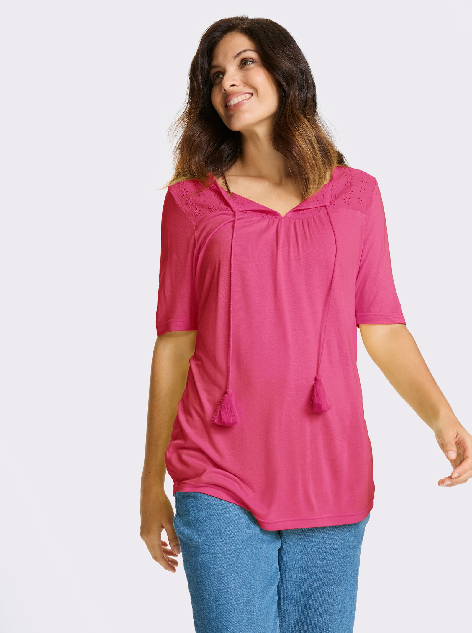 Kurzarmshirt mit Lochstickerei-Einsatz - fuchsia