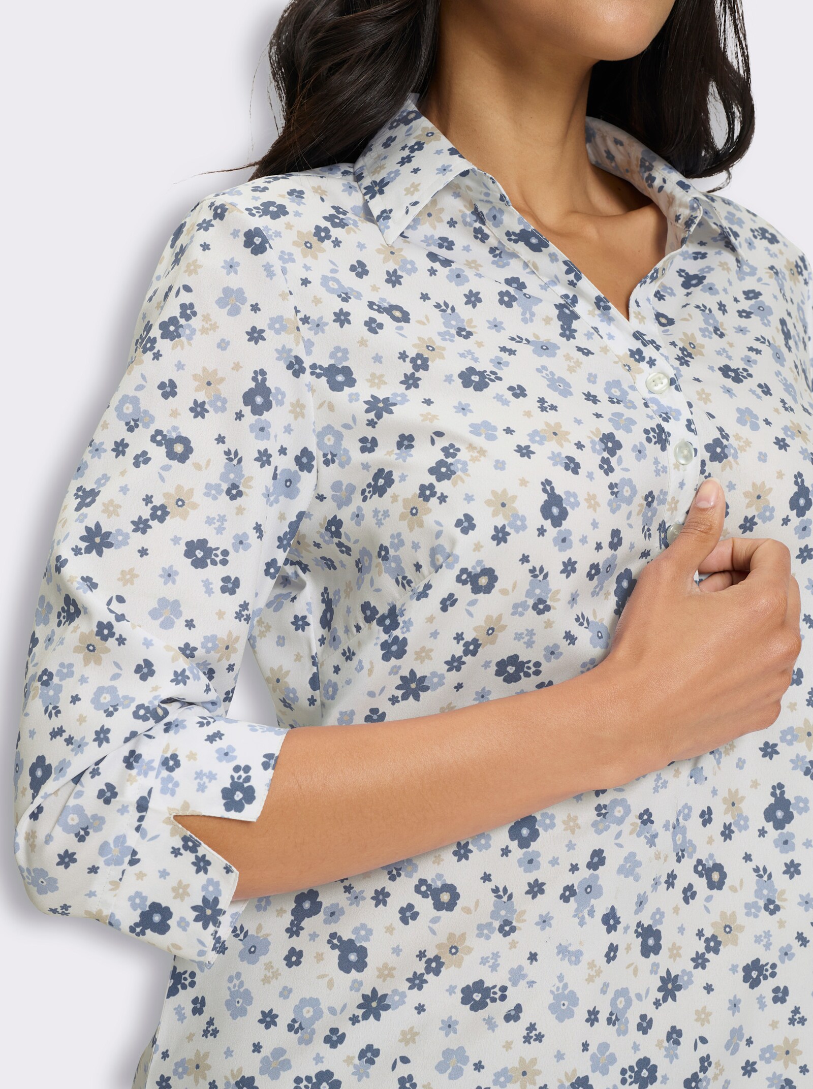 Schlupfbluse mit Millefleurs-Muster - ecru-bleu-bedruckt