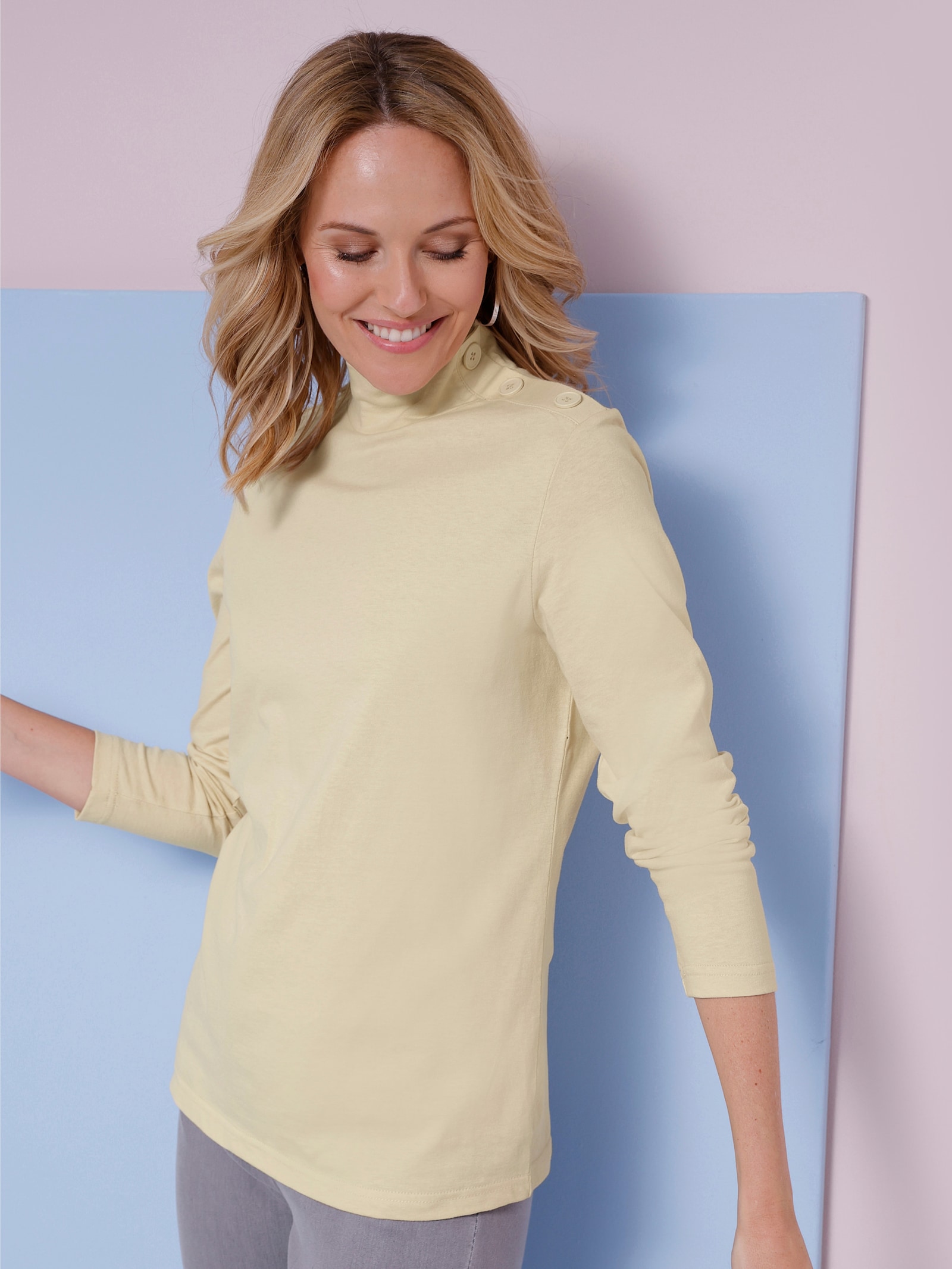 Tričko se stojáčkem a ozdobnými knoflíky na ramenou - písková